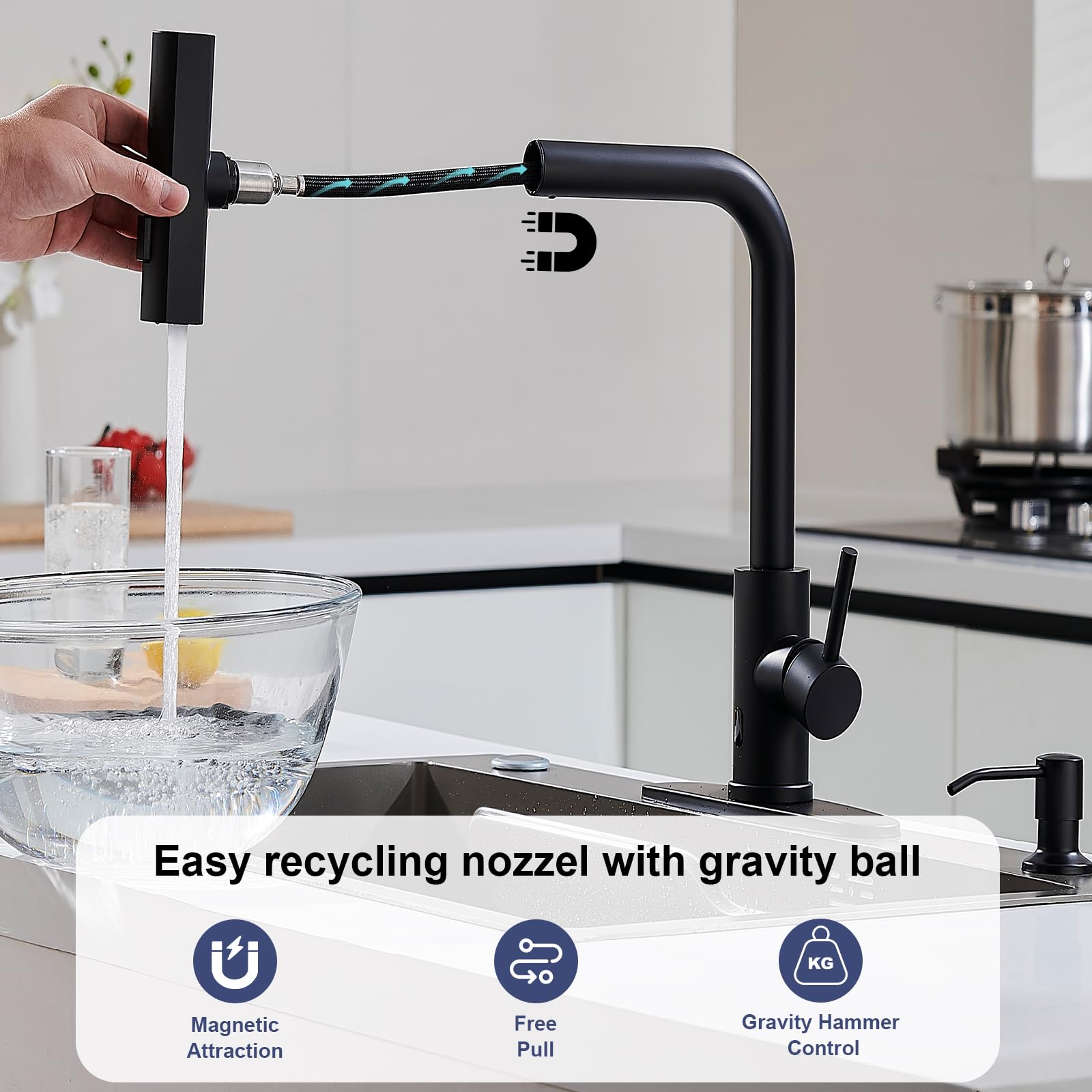 Brushed Nickel Kitchen Faucets with Pull Down Sprayer & Soap Dispenser, Single Hole & Handle, Pull Out Tap, Waterfall Stainless Steel Sink Faucet for Farmhouse Camper Laundry Rv Bar