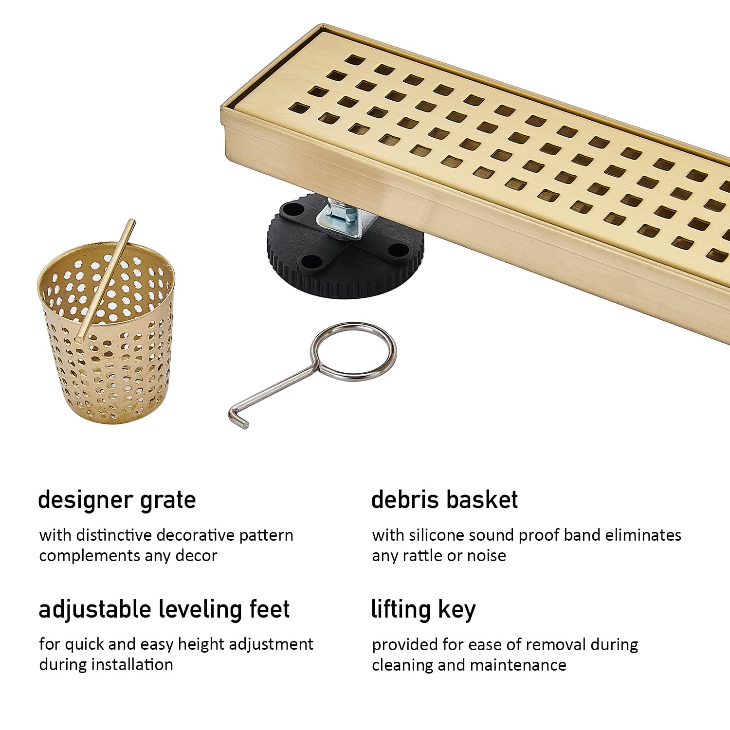 Linear Shower Floor Drain, Brushed Gold 12 Inch 304 Stainless Steel Bathroom Drains Kit, Long Rectangular Shower Trench Drain with Square Pattern Drain Cover & Hair Catcher