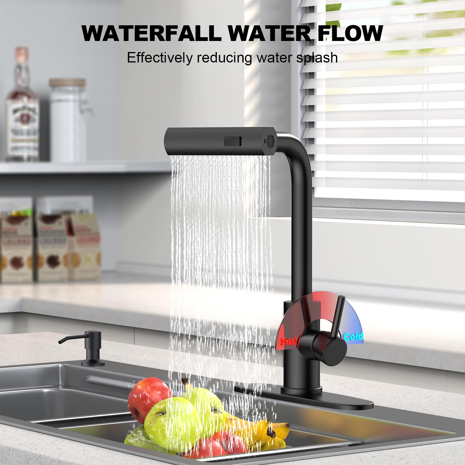 Brushed Nickel Kitchen Faucets with Pull Down Sprayer & Soap Dispenser, Single Hole & Handle, Pull Out Tap, Waterfall Stainless Steel Sink Faucet for Farmhouse Camper Laundry Rv Bar