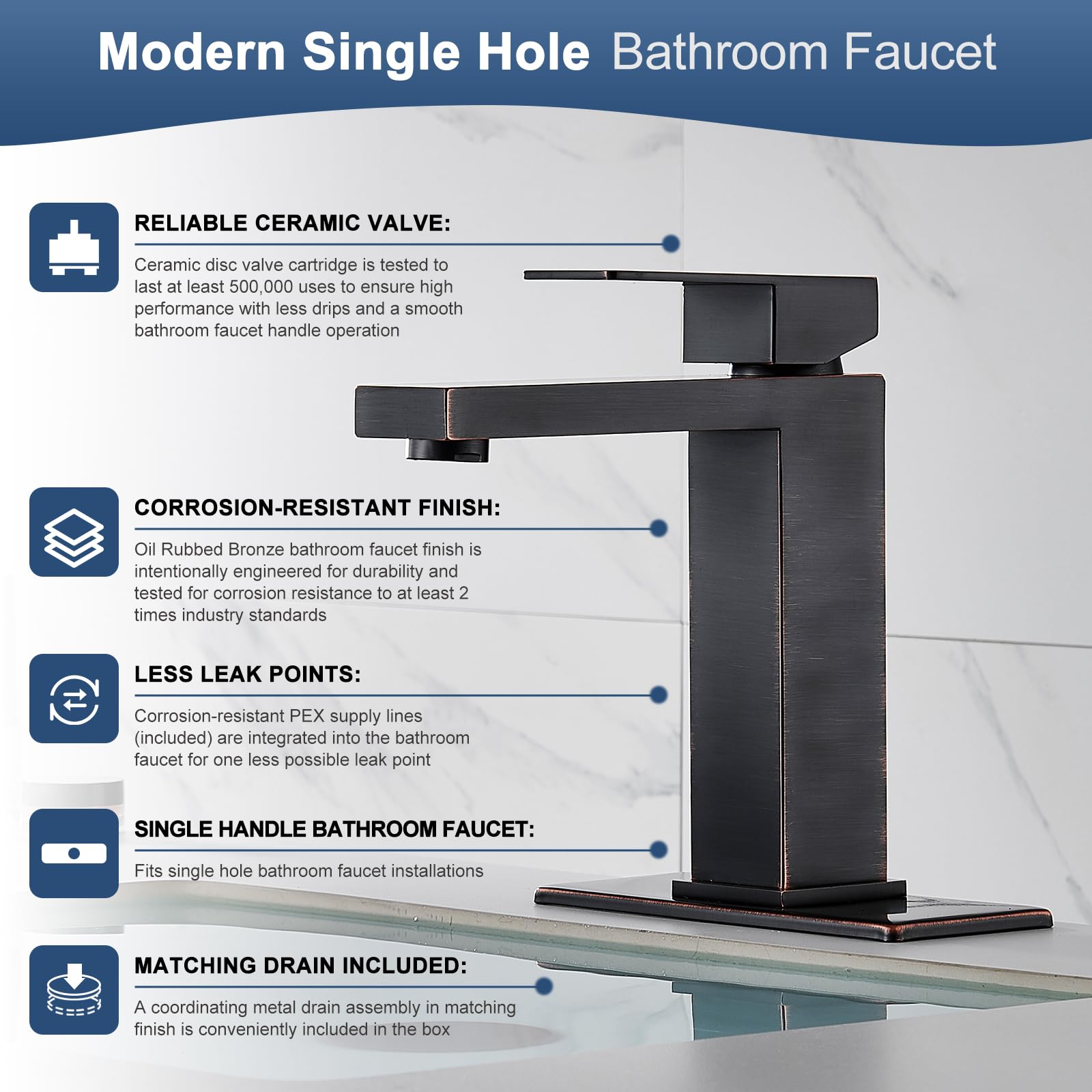 Matte Black Bathroom Faucet, Single Hole Vanity Bath Faucet, Single Handle Modern Stainless Steel Bathroom Faucets for Sink 1 Hole with Pop Up Drain Stopper & Water Supply Hoses