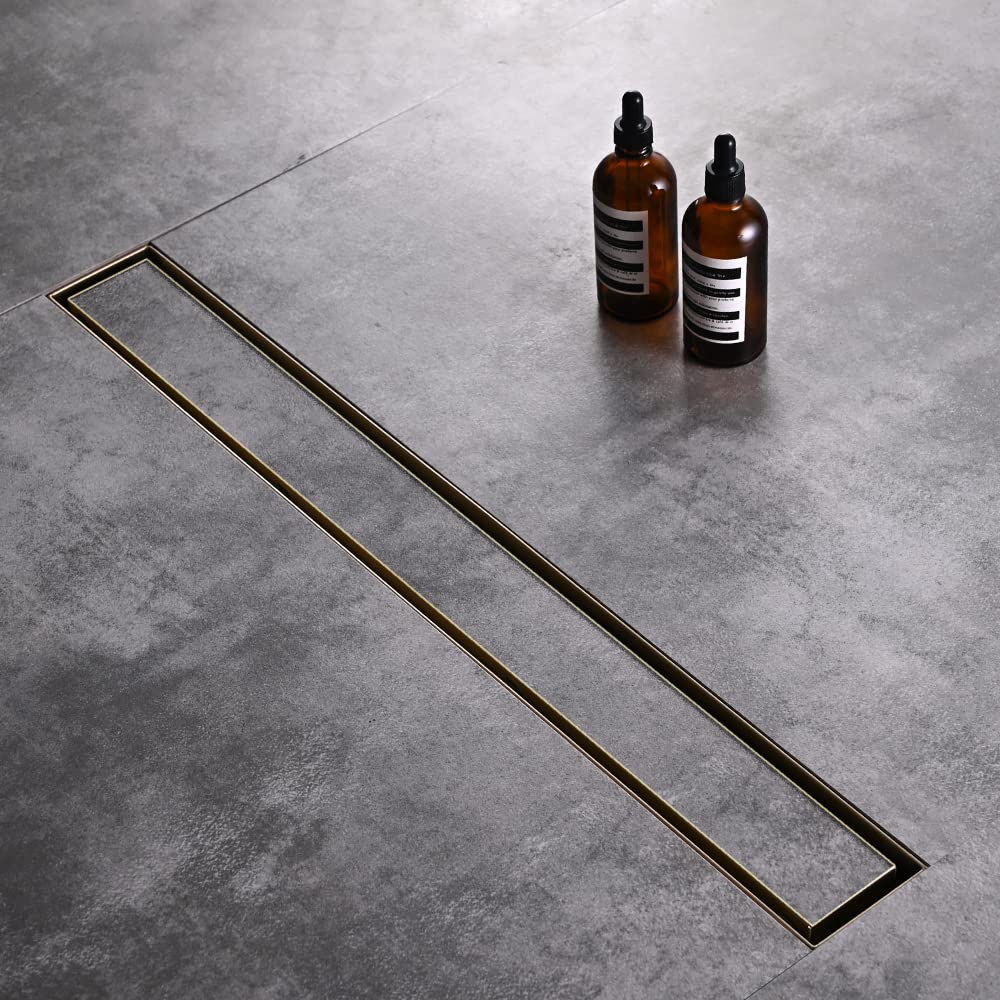 Linear Shower Floor Drain, Brushed Gold 24 Inch 304 Stainless Steel Bathroom Drains Kit, Rectangular Shower Trench Drain with Reversable Tile-in Pattern Drain Cover & Hair Catcher