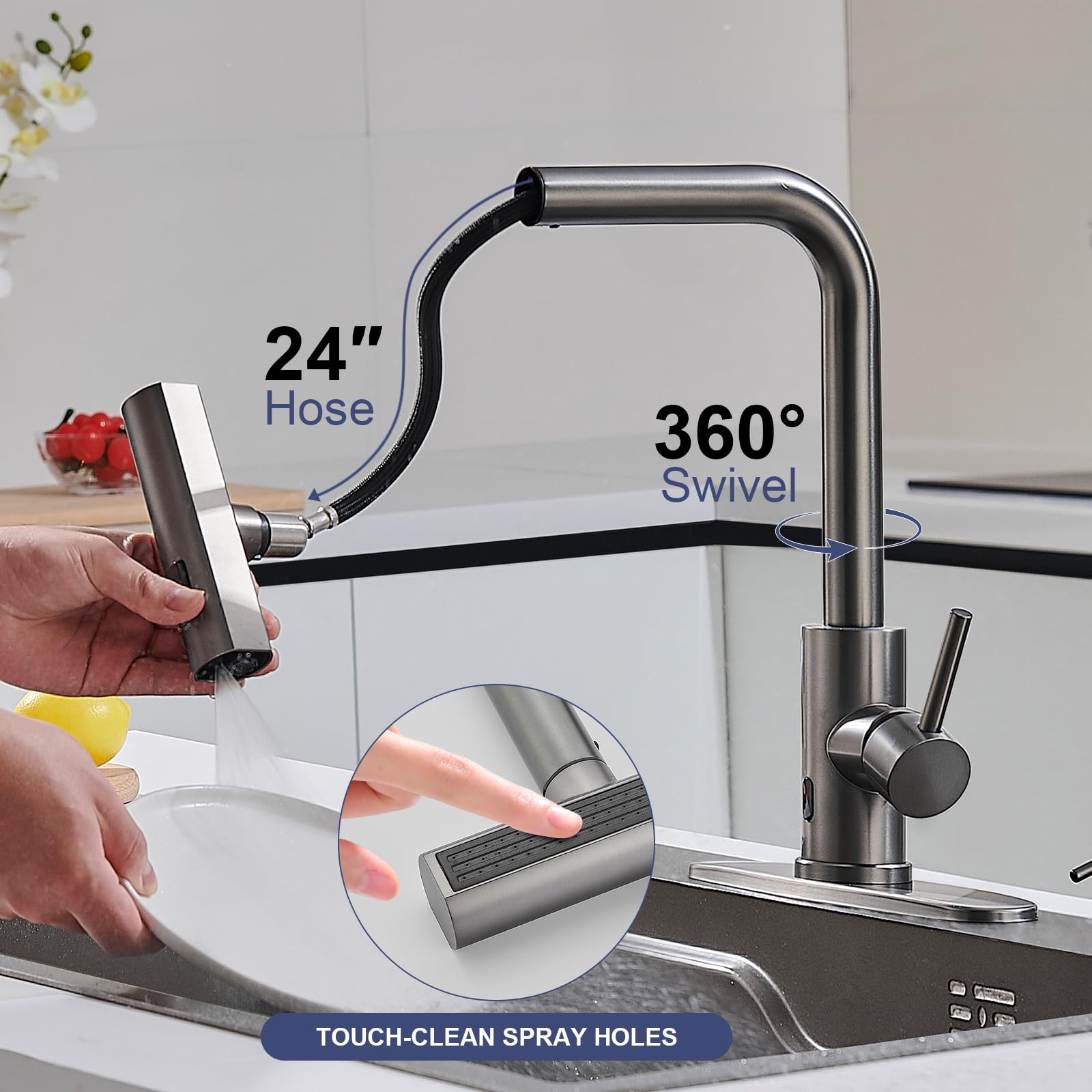 Brushed Nickel Kitchen Faucets with Pull Down Sprayer & Soap Dispenser, Single Hole & Handle, Pull Out Tap, Waterfall Stainless Steel Sink Faucet for Farmhouse Camper Laundry Rv Bar