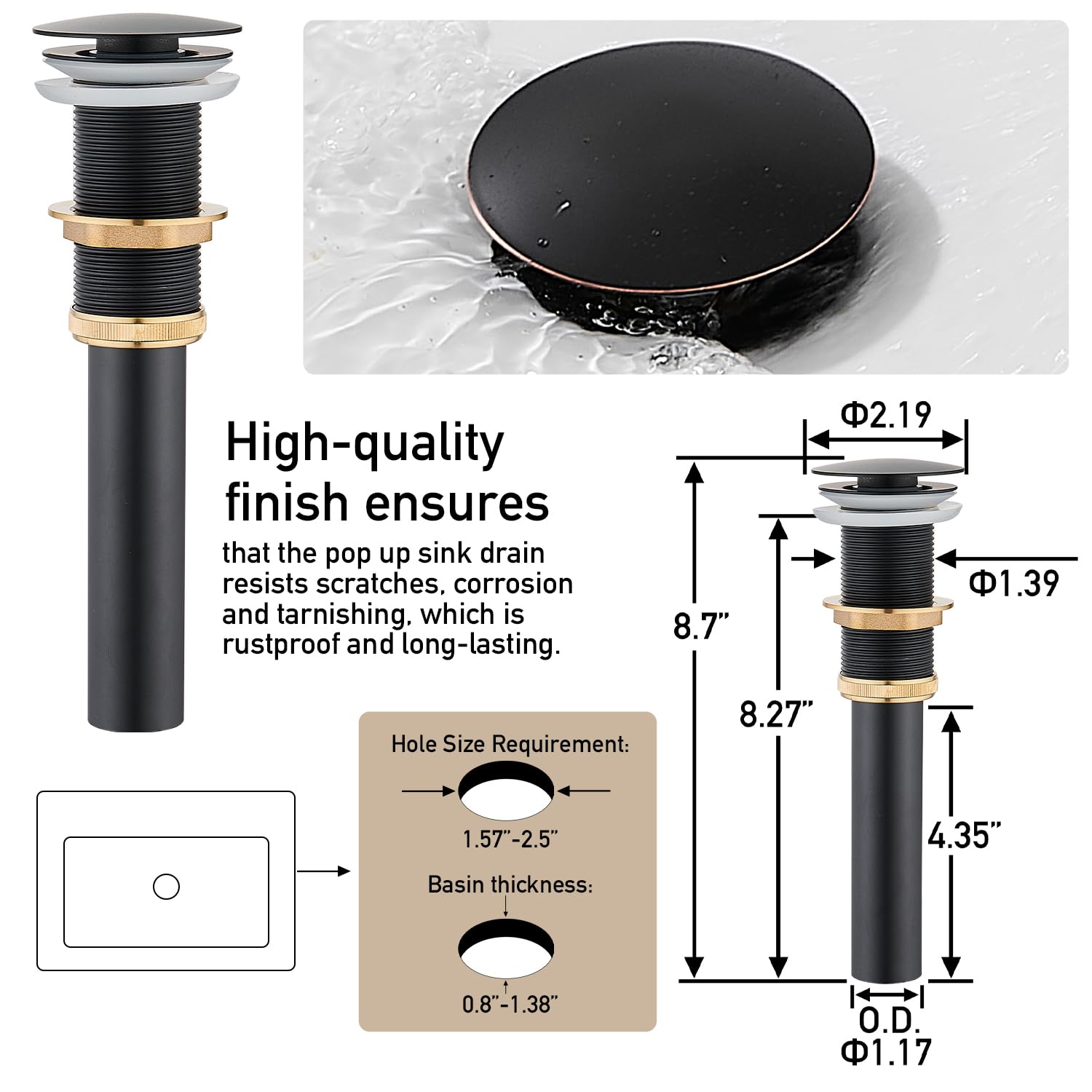 Matte Black Bathroom Faucet, Single Hole Vanity Bath Faucet, Single Handle Modern Stainless Steel Bathroom Faucets for Sink 1 Hole with Pop Up Drain Stopper & Water Supply Hoses