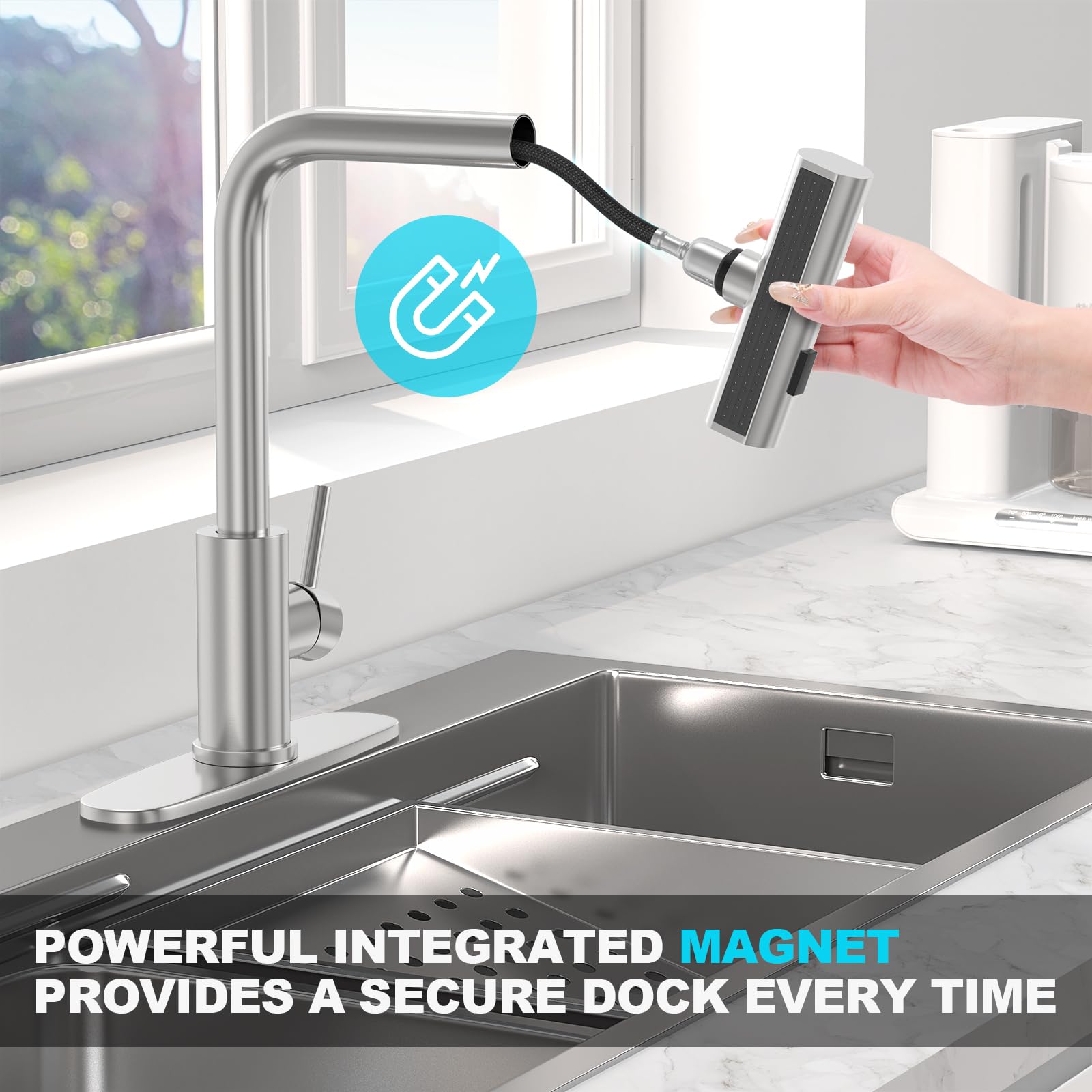 Brushed Nickel Kitchen Faucets with Pull Down Sprayer & Soap Dispenser, Single Hole & Handle, Pull Out Tap, Waterfall Stainless Steel Sink Faucet for Farmhouse Camper Laundry Rv Bar