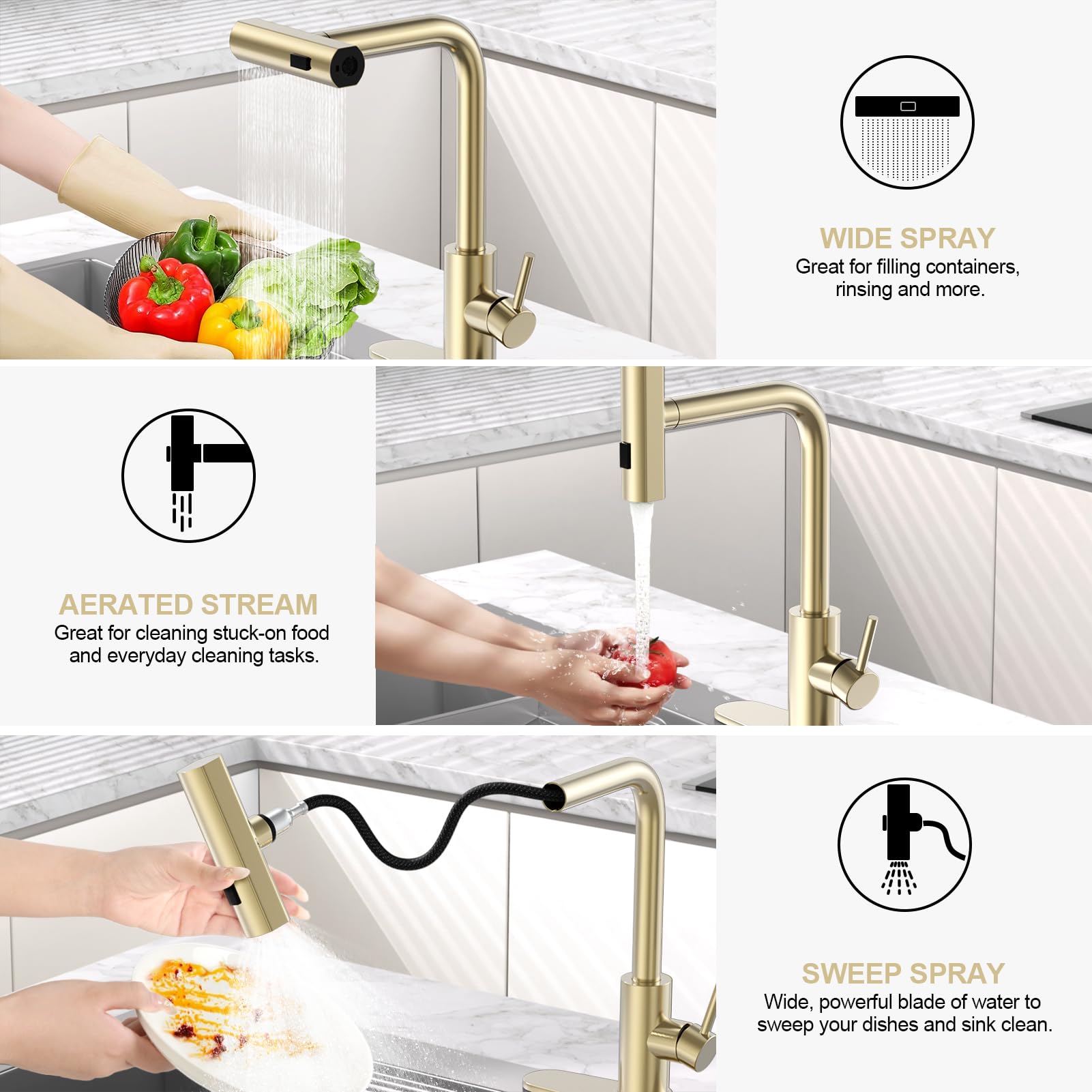 Brushed Nickel Kitchen Faucets with Pull Down Sprayer & Soap Dispenser, Single Hole & Handle, Pull Out Tap, Waterfall Stainless Steel Sink Faucet for Farmhouse Camper Laundry Rv Bar