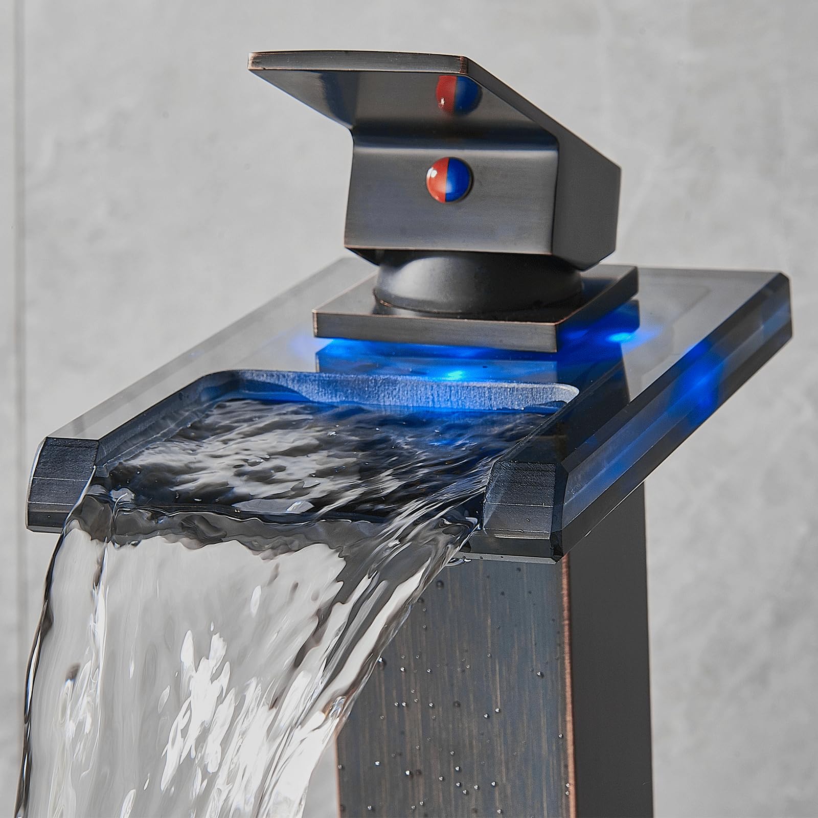 LED Bathroom Sink Faucet, Brushed Gold Waterfall Single Hole Handle Vanity Faucets for Sinks 1 Hole with Metal Pop Up Drain and 2 Water Supply Lines, Open Glass Spout