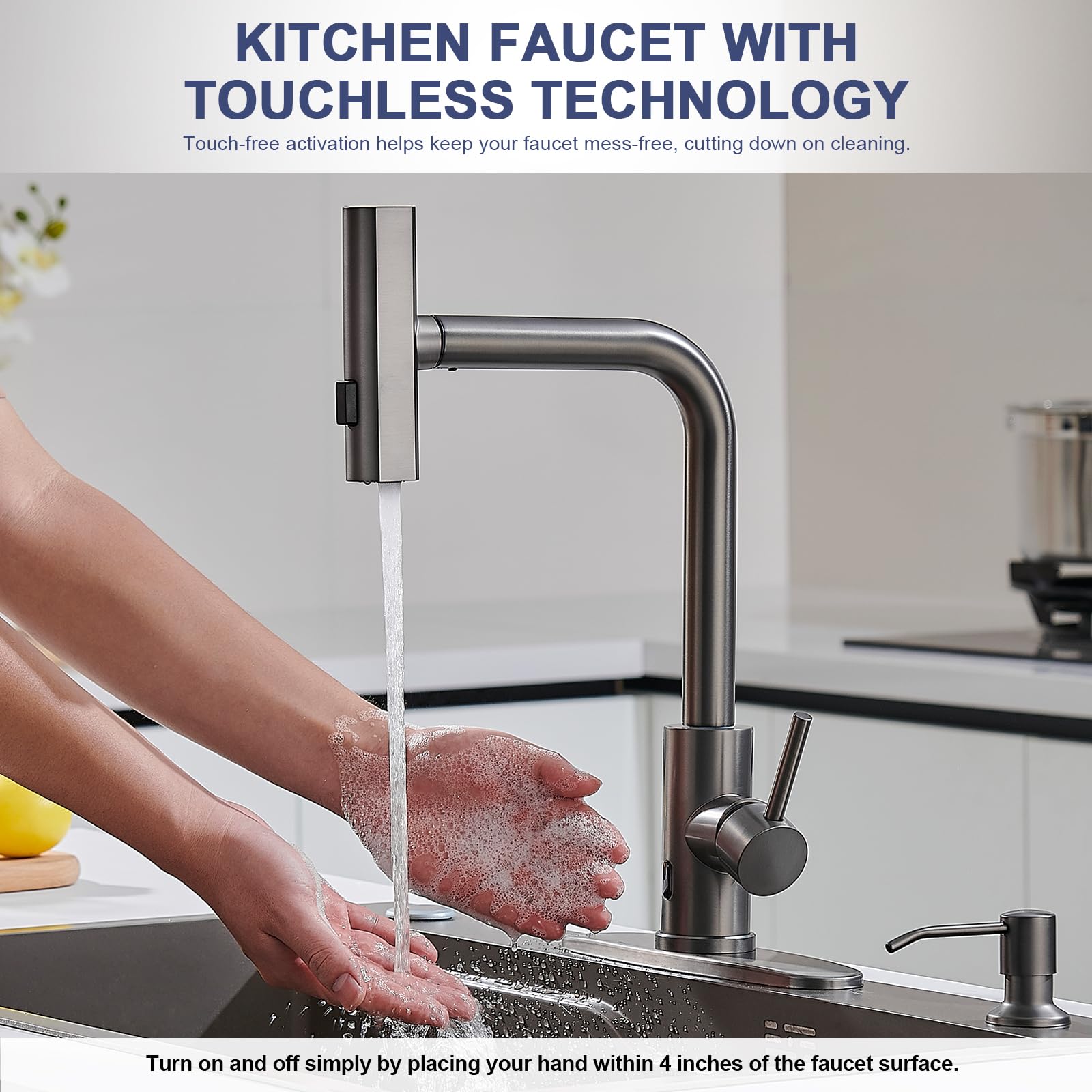 Brushed Nickel Kitchen Faucets with Pull Down Sprayer & Soap Dispenser, Single Hole & Handle, Pull Out Tap, Waterfall Stainless Steel Sink Faucet for Farmhouse Camper Laundry Rv Bar