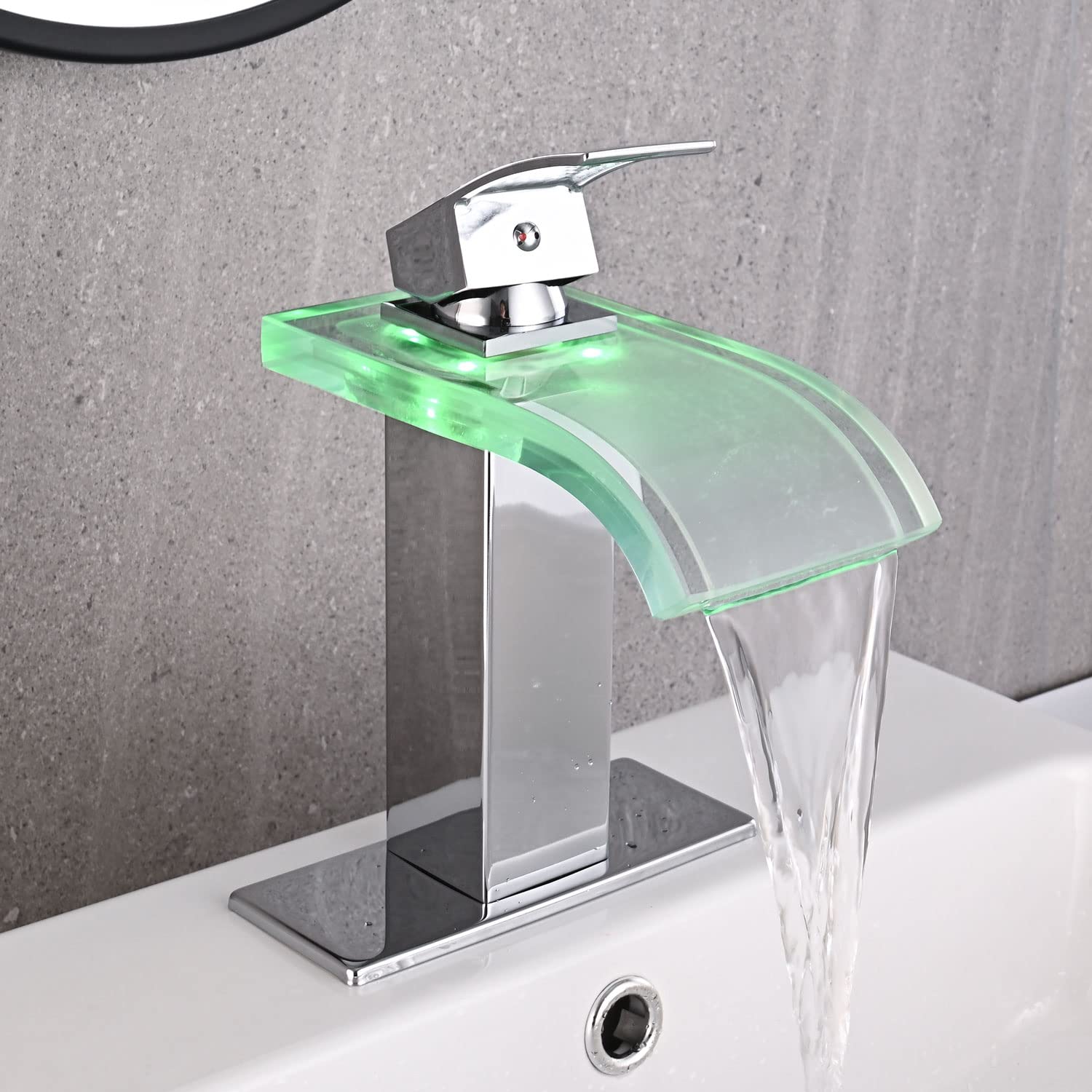 LED Bathroom Sink Faucet, Brushed Nickel Waterfall Single Hole Handle Vanity Faucets for Sinks 1 Hole with Metal Pop Up Drain and 2 Water Supply Lines, Wide Glass Spout