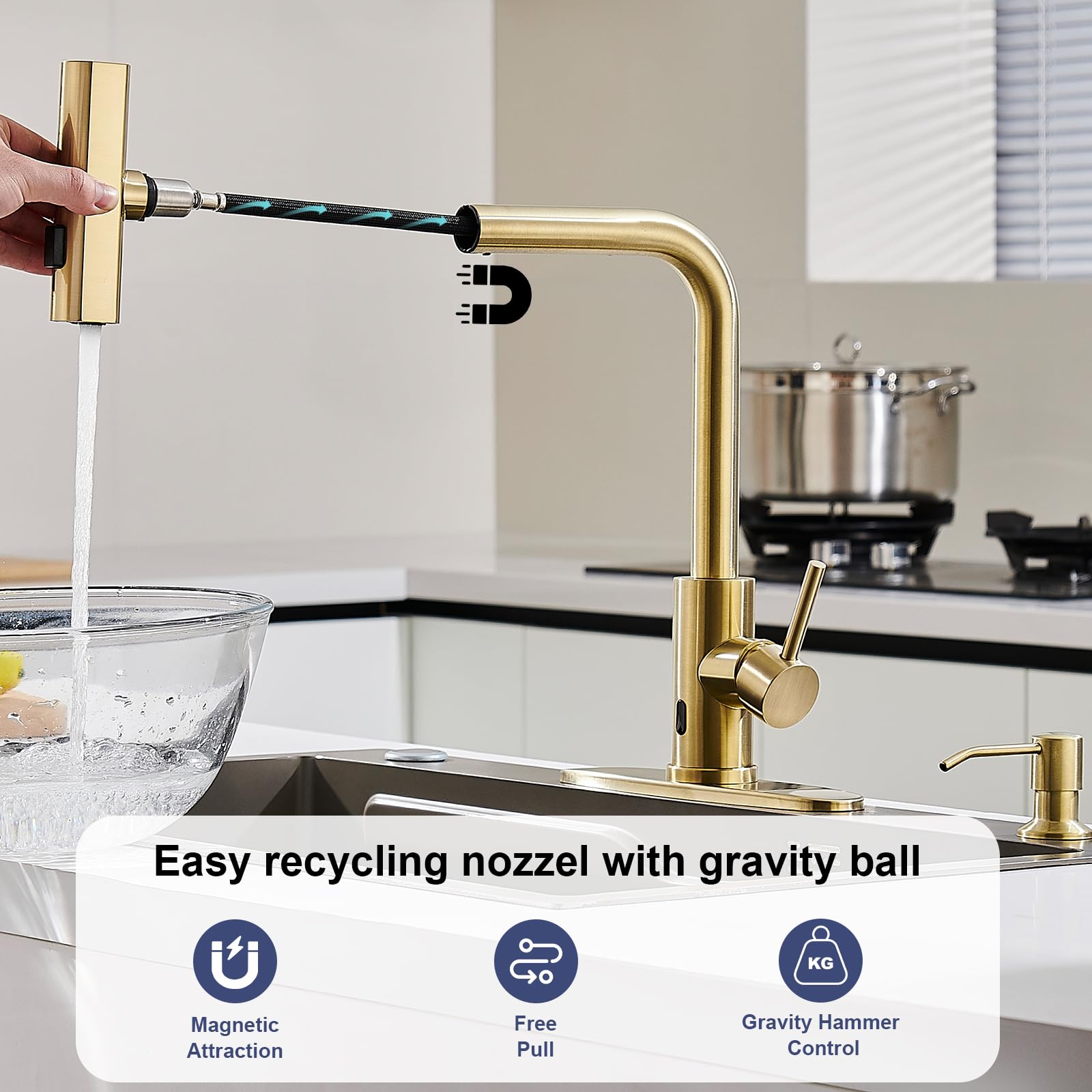 Brushed Nickel Kitchen Faucets with Pull Down Sprayer & Soap Dispenser, Single Hole & Handle, Pull Out Tap, Waterfall Stainless Steel Sink Faucet for Farmhouse Camper Laundry Rv Bar