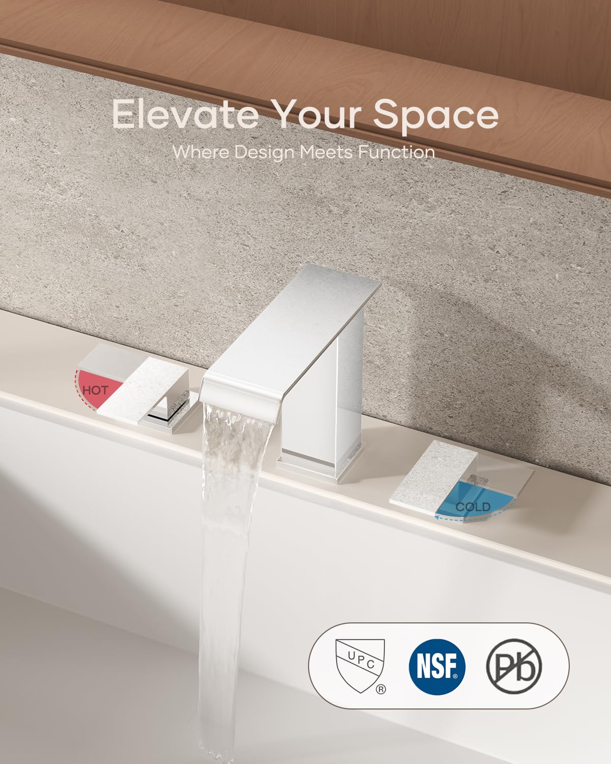 Matte Black Waterfall Bathroom Faucet 3 Hole, 8 Inch Widespread Modern 3 Piece Bathroom Sink Faucet, Touch On Lavatory Faucet for Vanity RV Restroom, Curved Spout