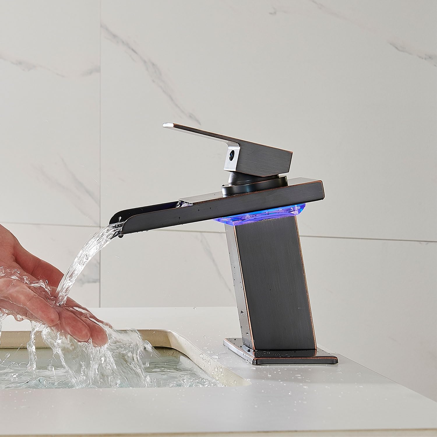 LED Bathroom Sink Faucet, Brushed Gold Waterfall Single Hole Handle Vanity Faucets for Sinks 1 Hole with Metal Pop Up Drain and 2 Water Supply Lines, Open Glass Spout