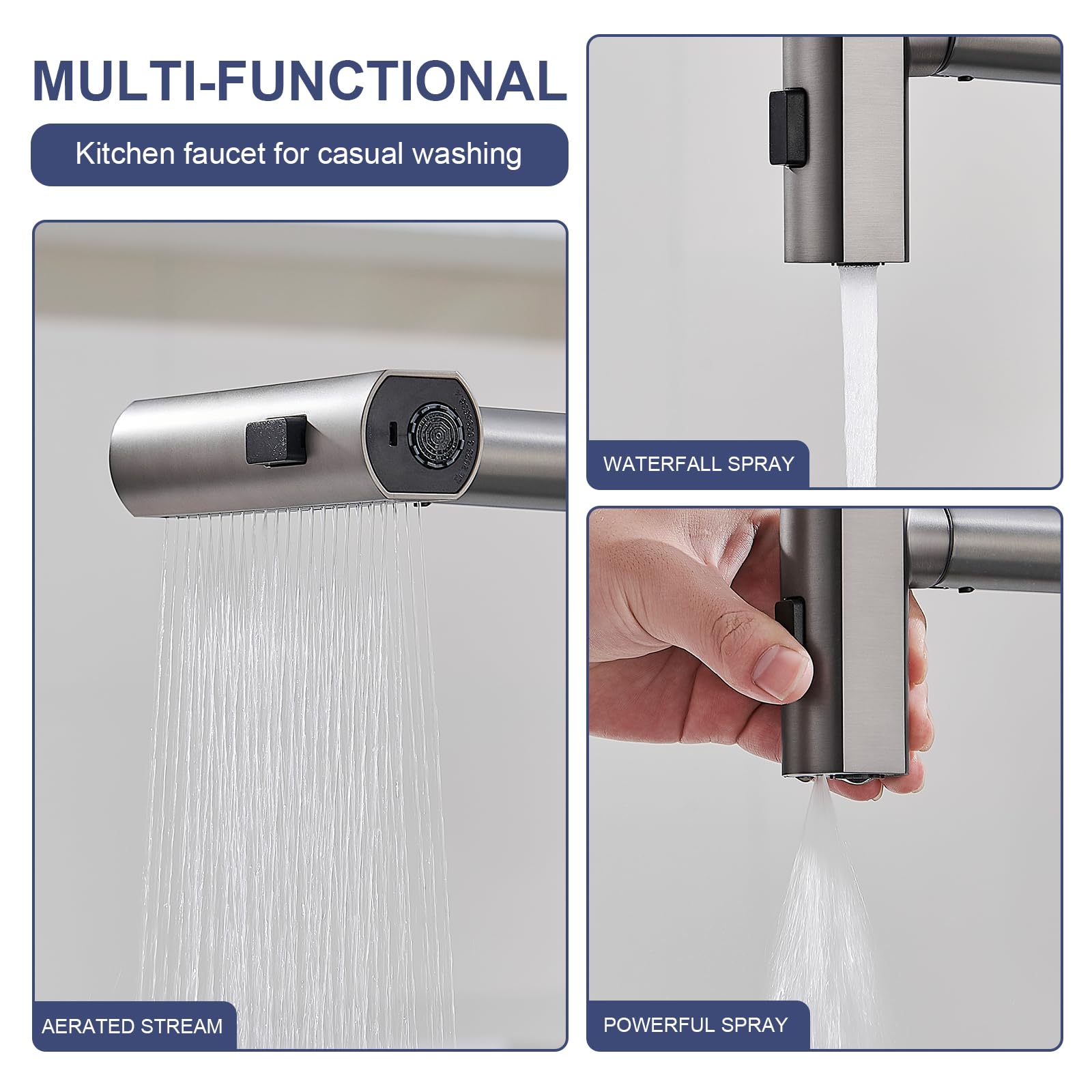 Brushed Nickel Kitchen Faucets with Pull Down Sprayer & Soap Dispenser, Single Hole & Handle, Pull Out Tap, Waterfall Stainless Steel Sink Faucet for Farmhouse Camper Laundry Rv Bar