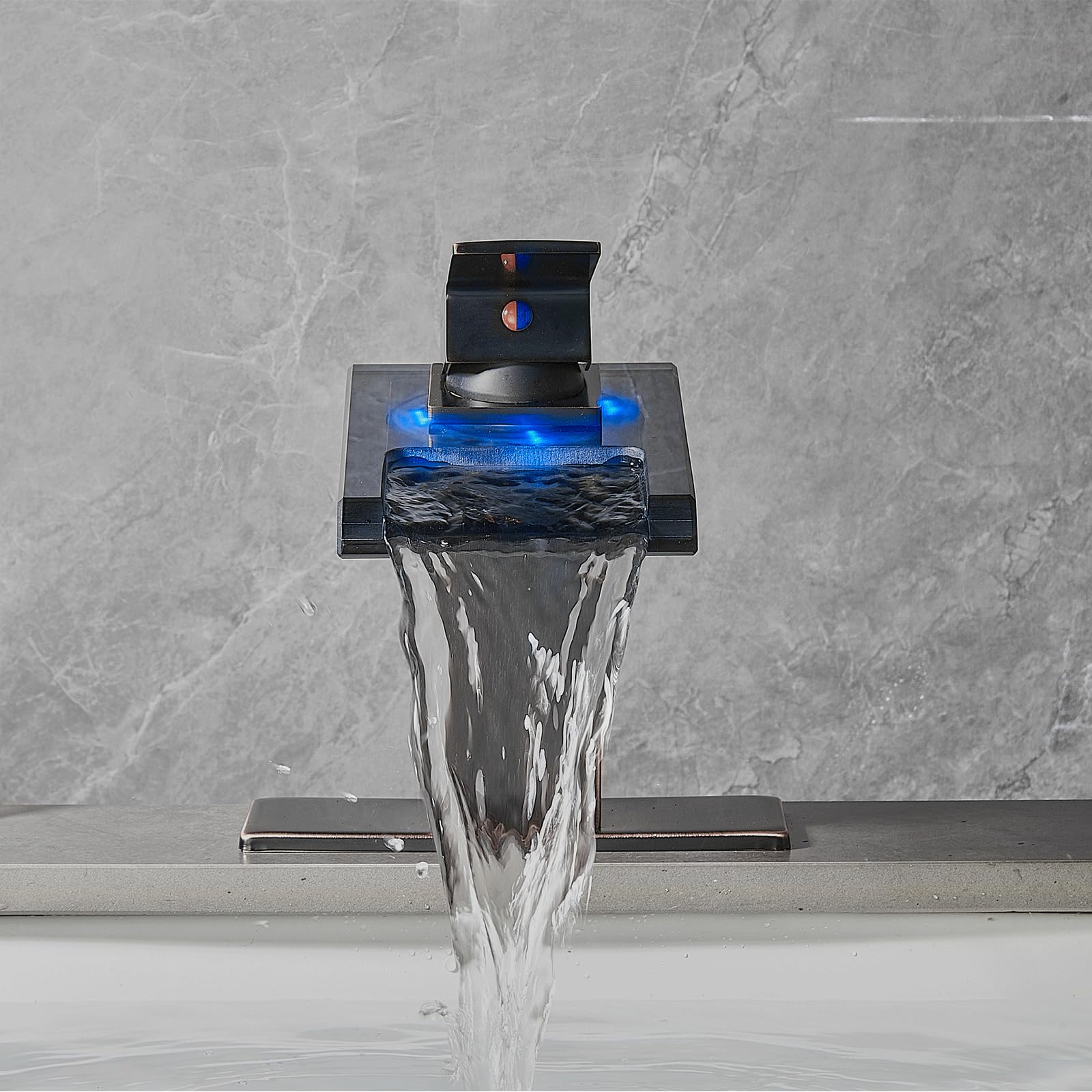 LED Bathroom Sink Faucet, Brushed Gold Waterfall Single Hole Handle Vanity Faucets for Sinks 1 Hole with Metal Pop Up Drain and 2 Water Supply Lines, Open Glass Spout