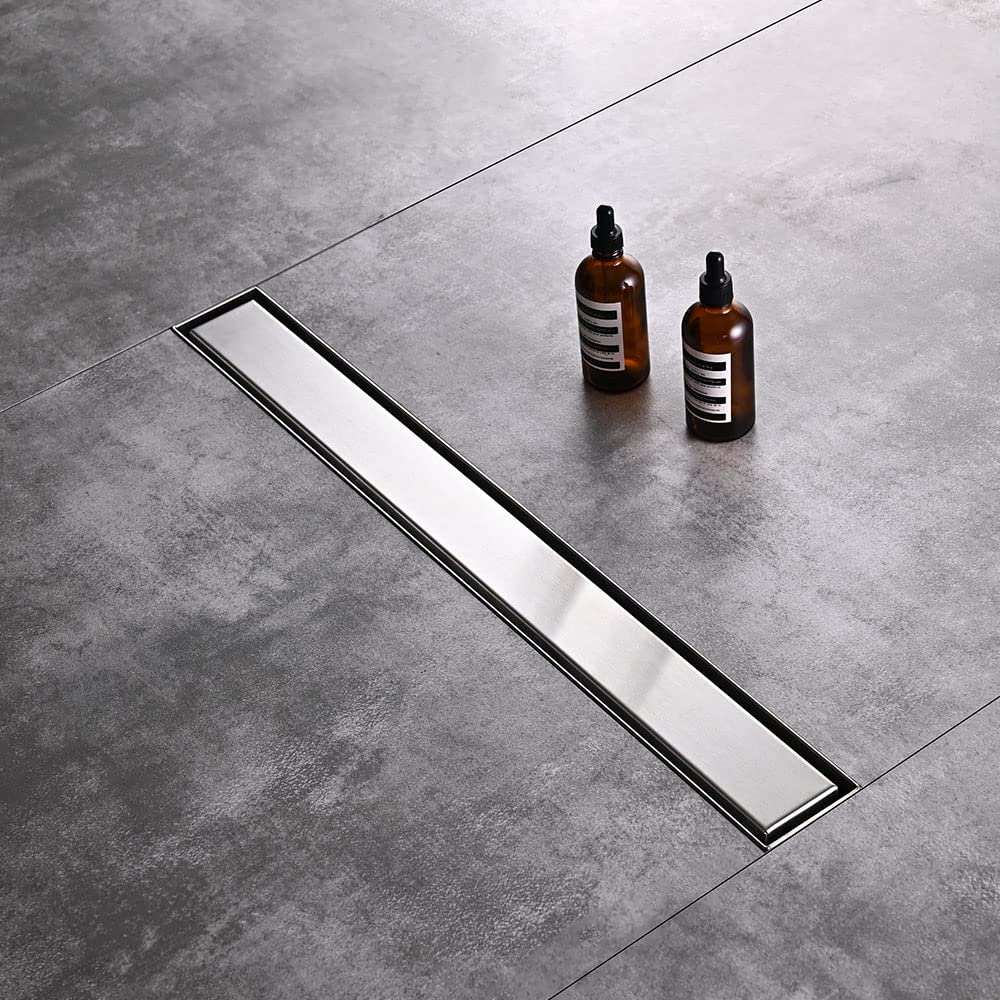 Linear Shower Floor Drain, Brushed Gold 24 Inch 304 Stainless Steel Bathroom Drains Kit, Rectangular Shower Trench Drain with Reversable Tile-in Pattern Drain Cover & Hair Catcher