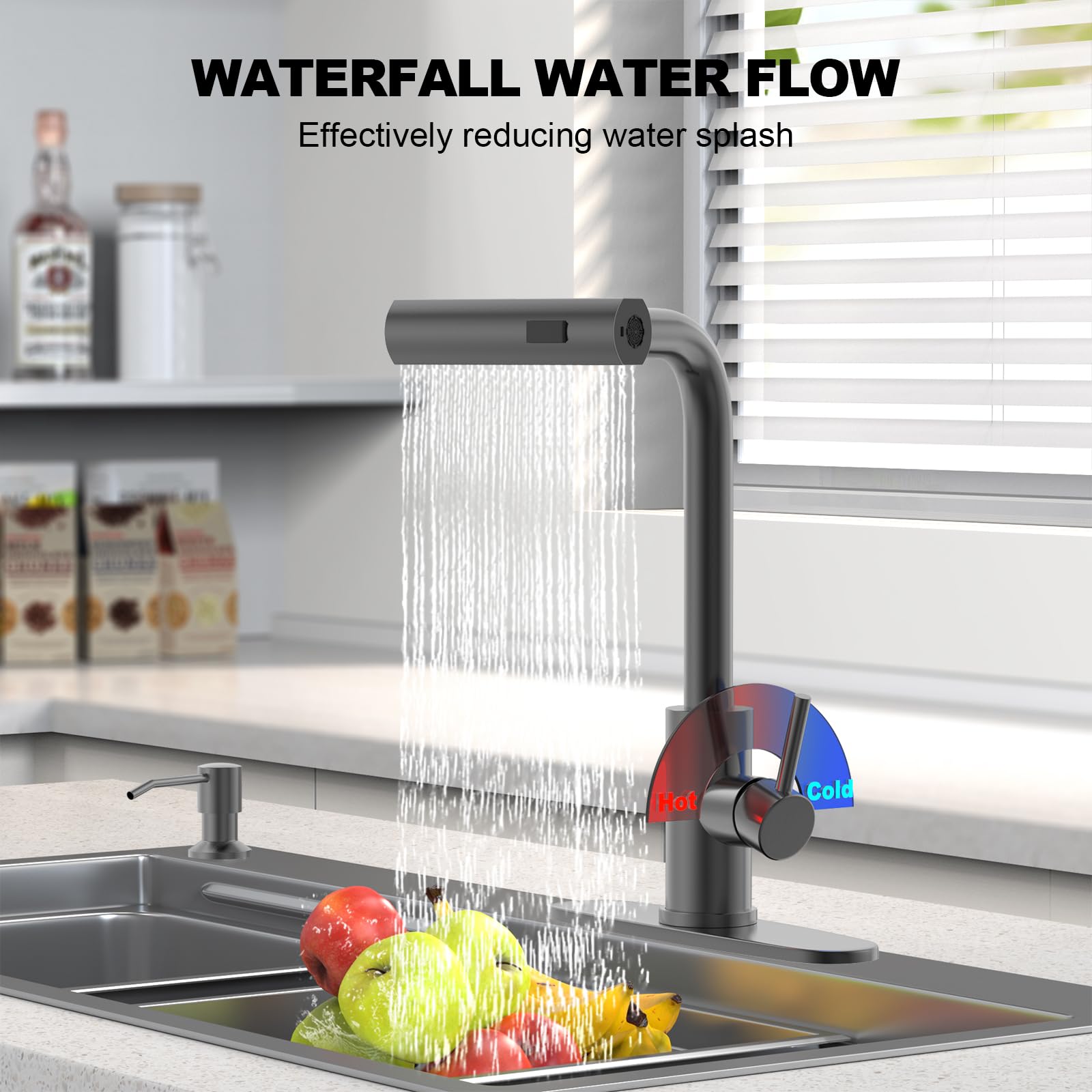 Brushed Nickel Kitchen Faucets with Pull Down Sprayer & Soap Dispenser, Single Hole & Handle, Pull Out Tap, Waterfall Stainless Steel Sink Faucet for Farmhouse Camper Laundry Rv Bar