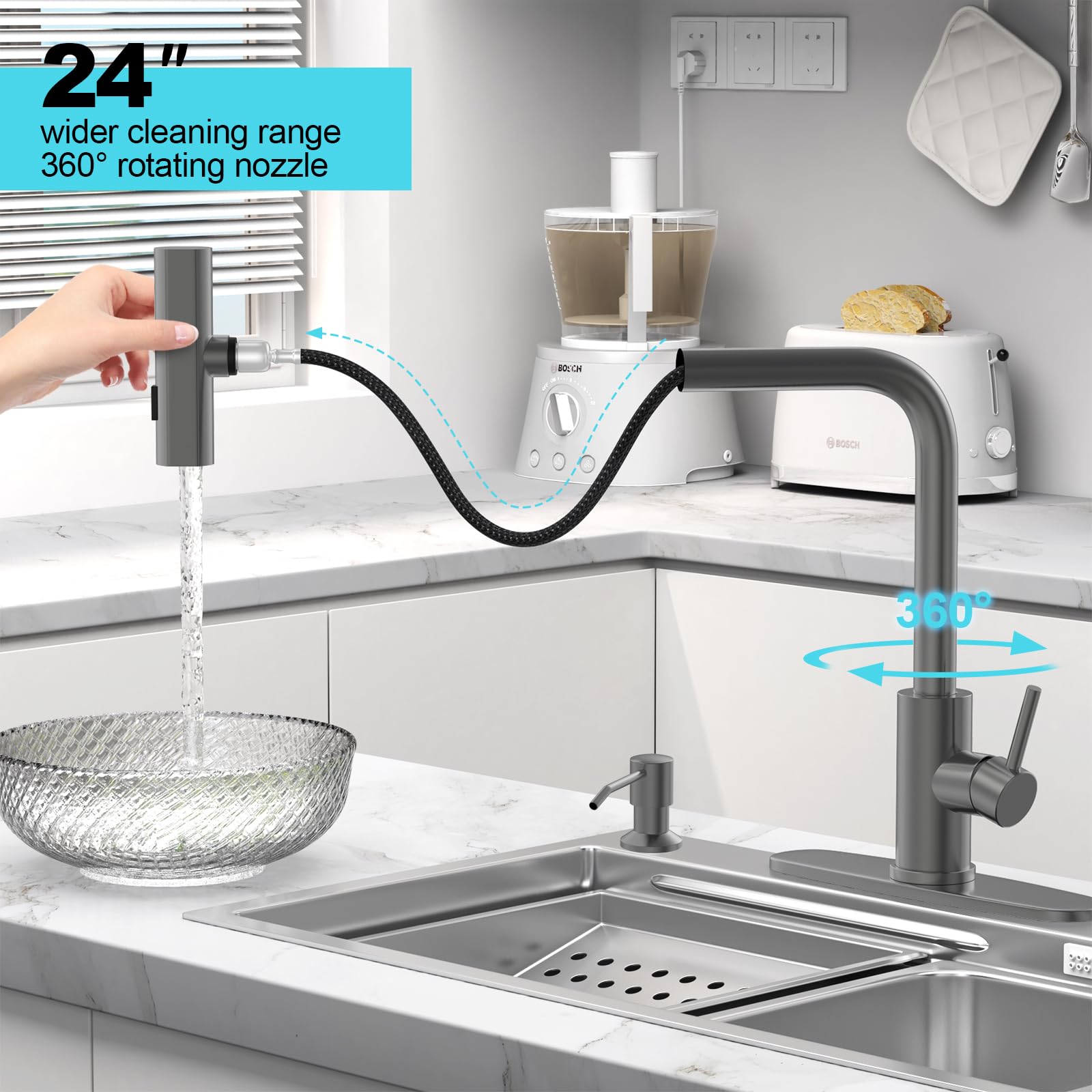 Brushed Nickel Kitchen Faucets with Pull Down Sprayer & Soap Dispenser, Single Hole & Handle, Pull Out Tap, Waterfall Stainless Steel Sink Faucet for Farmhouse Camper Laundry Rv Bar