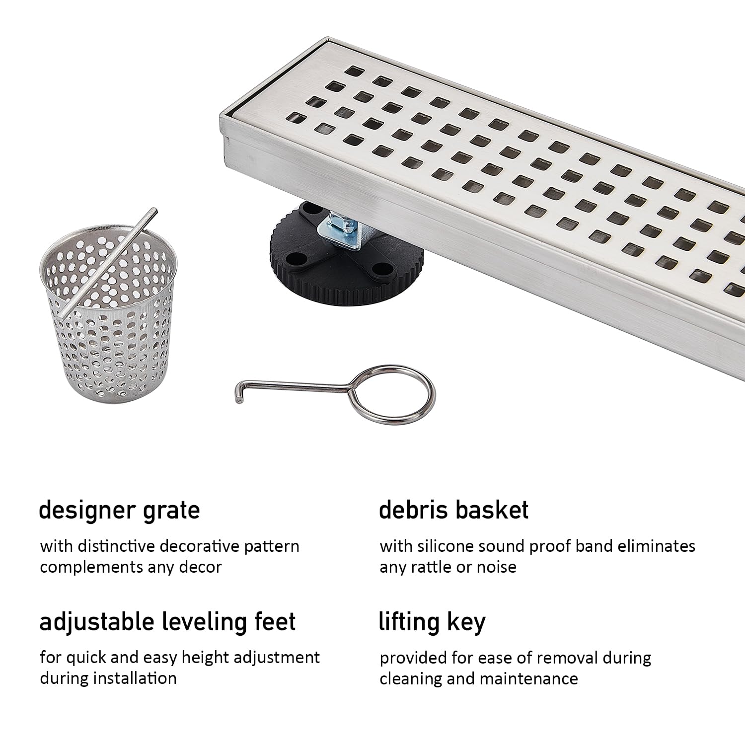 Linear Shower Floor Drain, Brushed Gold 12 Inch 304 Stainless Steel Bathroom Drains Kit, Long Rectangular Shower Trench Drain with Square Pattern Drain Cover & Hair Catcher