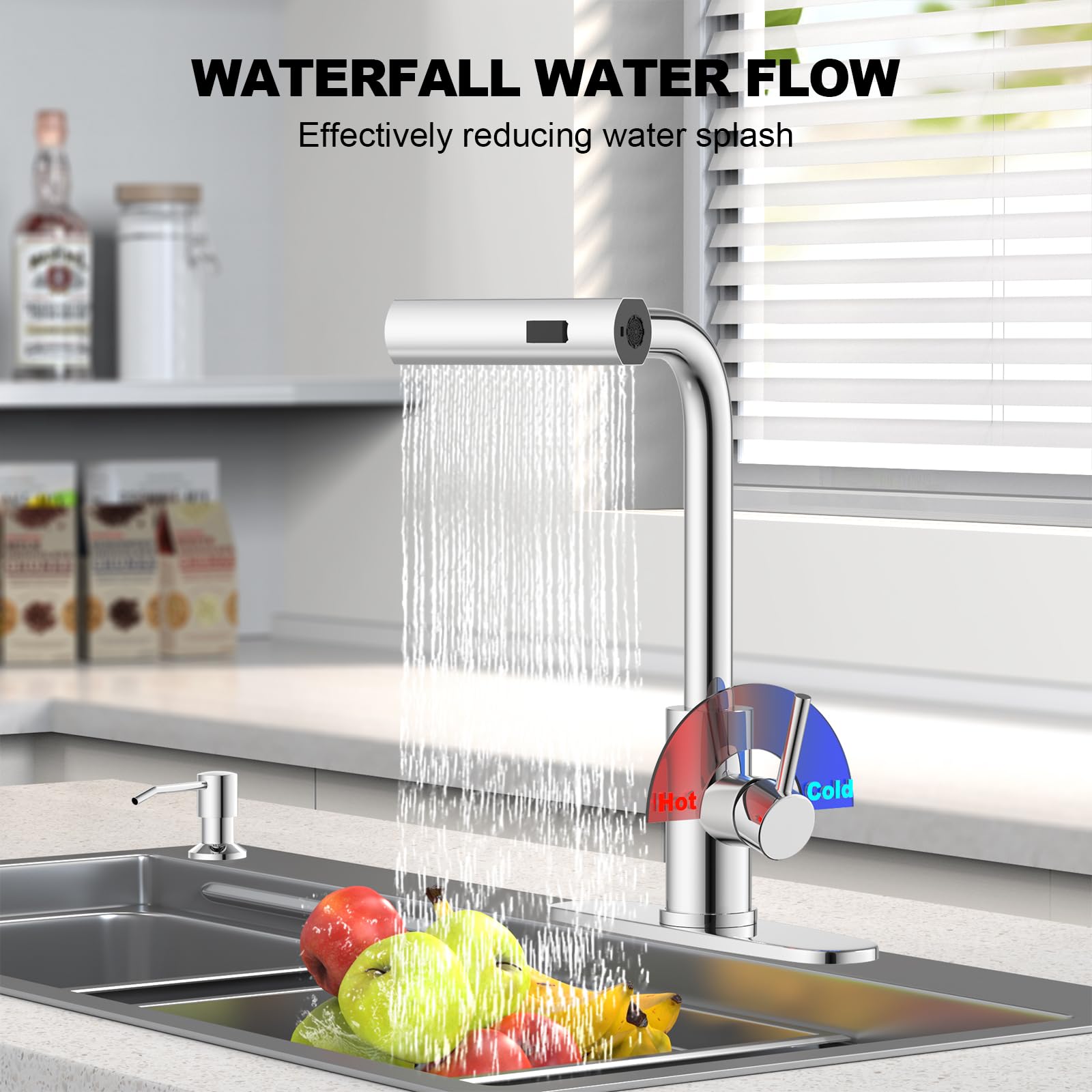 Brushed Nickel Kitchen Faucets with Pull Down Sprayer & Soap Dispenser, Single Hole & Handle, Pull Out Tap, Waterfall Stainless Steel Sink Faucet for Farmhouse Camper Laundry Rv Bar