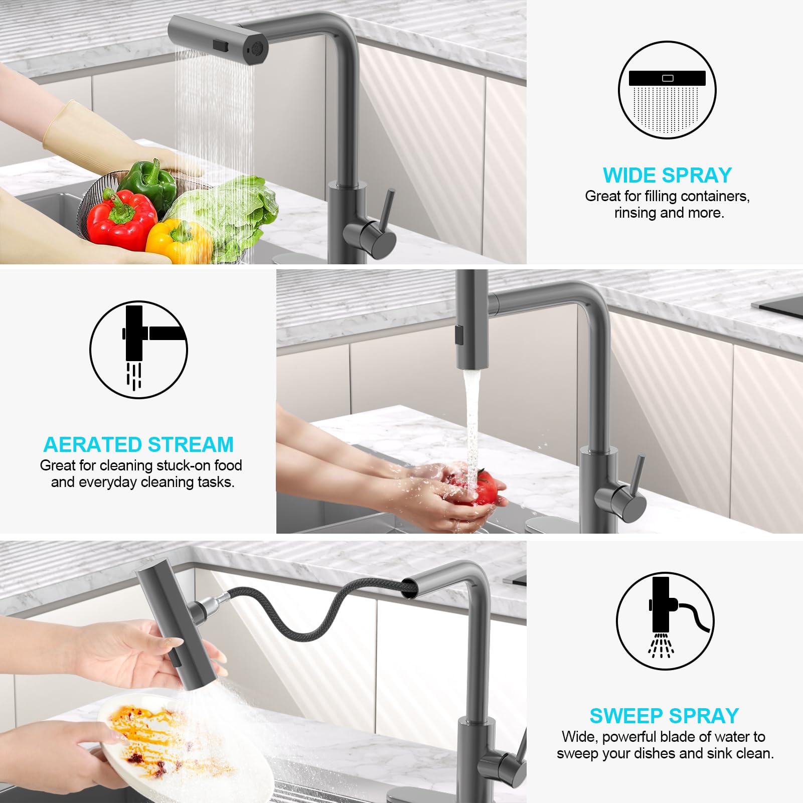 Brushed Nickel Kitchen Faucets with Pull Down Sprayer & Soap Dispenser, Single Hole & Handle, Pull Out Tap, Waterfall Stainless Steel Sink Faucet for Farmhouse Camper Laundry Rv Bar