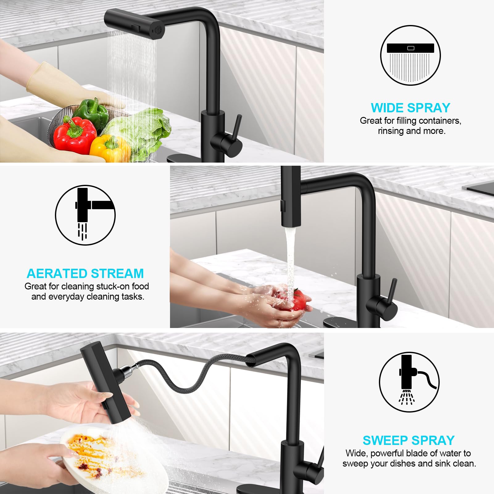 Brushed Nickel Kitchen Faucets with Pull Down Sprayer & Soap Dispenser, Single Hole & Handle, Pull Out Tap, Waterfall Stainless Steel Sink Faucet for Farmhouse Camper Laundry Rv Bar