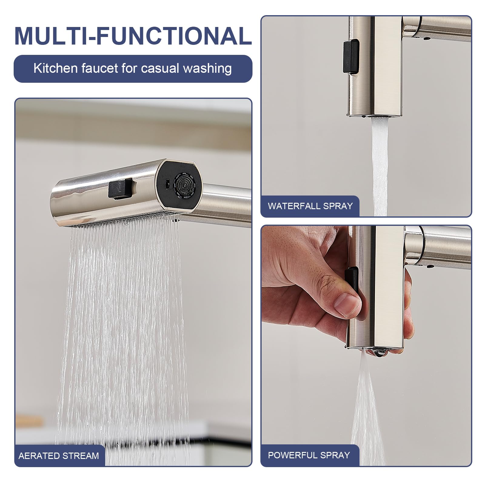 Brushed Nickel Kitchen Faucets with Pull Down Sprayer & Soap Dispenser, Single Hole & Handle, Pull Out Tap, Waterfall Stainless Steel Sink Faucet for Farmhouse Camper Laundry Rv Bar