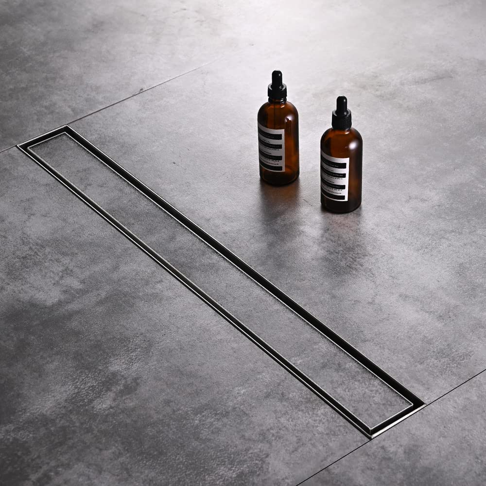 Linear Shower Floor Drain, Brushed Gold 24 Inch 304 Stainless Steel Bathroom Drains Kit, Rectangular Shower Trench Drain with Reversable Tile-in Pattern Drain Cover & Hair Catcher