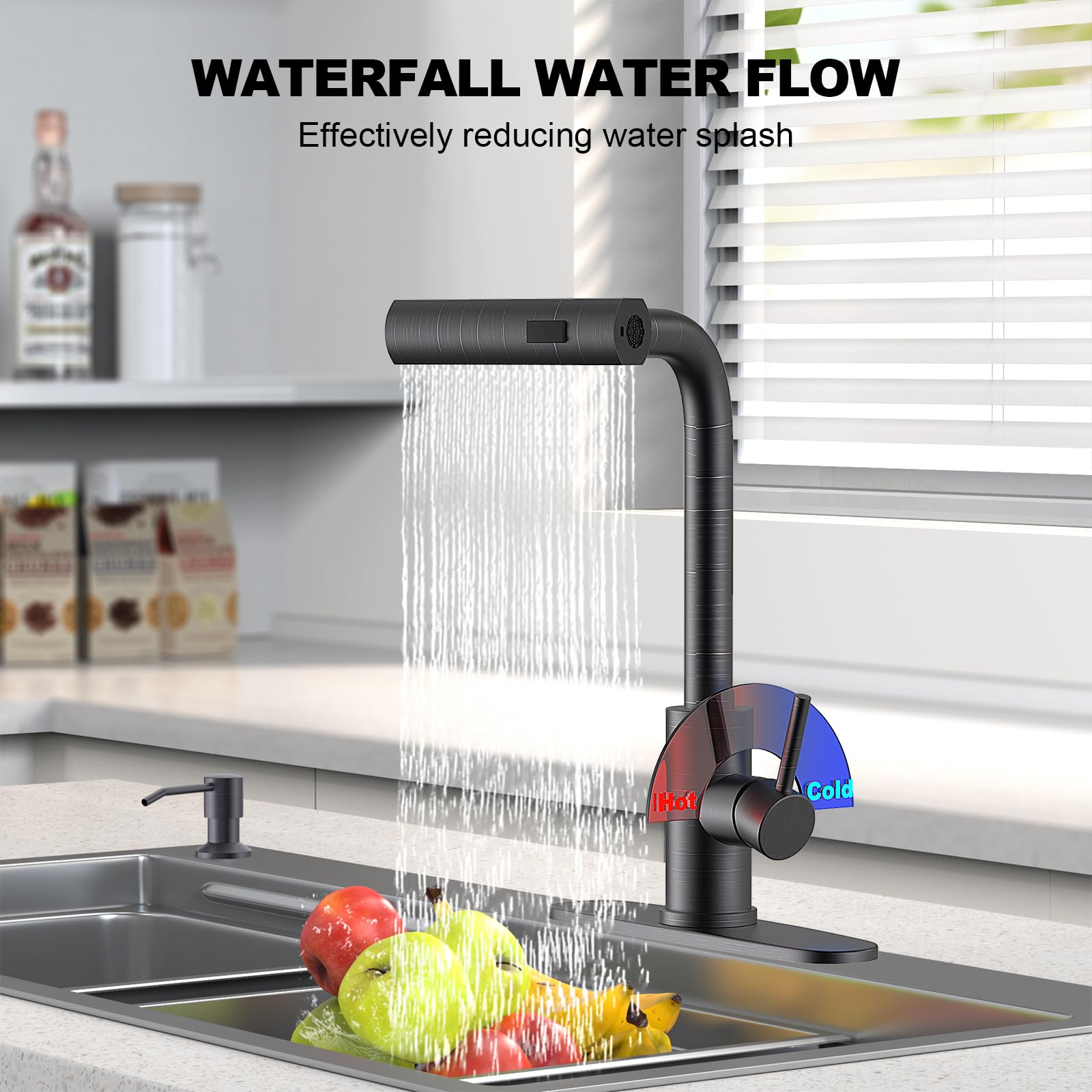 Brushed Nickel Kitchen Faucets with Pull Down Sprayer & Soap Dispenser, Single Hole & Handle, Pull Out Tap, Waterfall Stainless Steel Sink Faucet for Farmhouse Camper Laundry Rv Bar