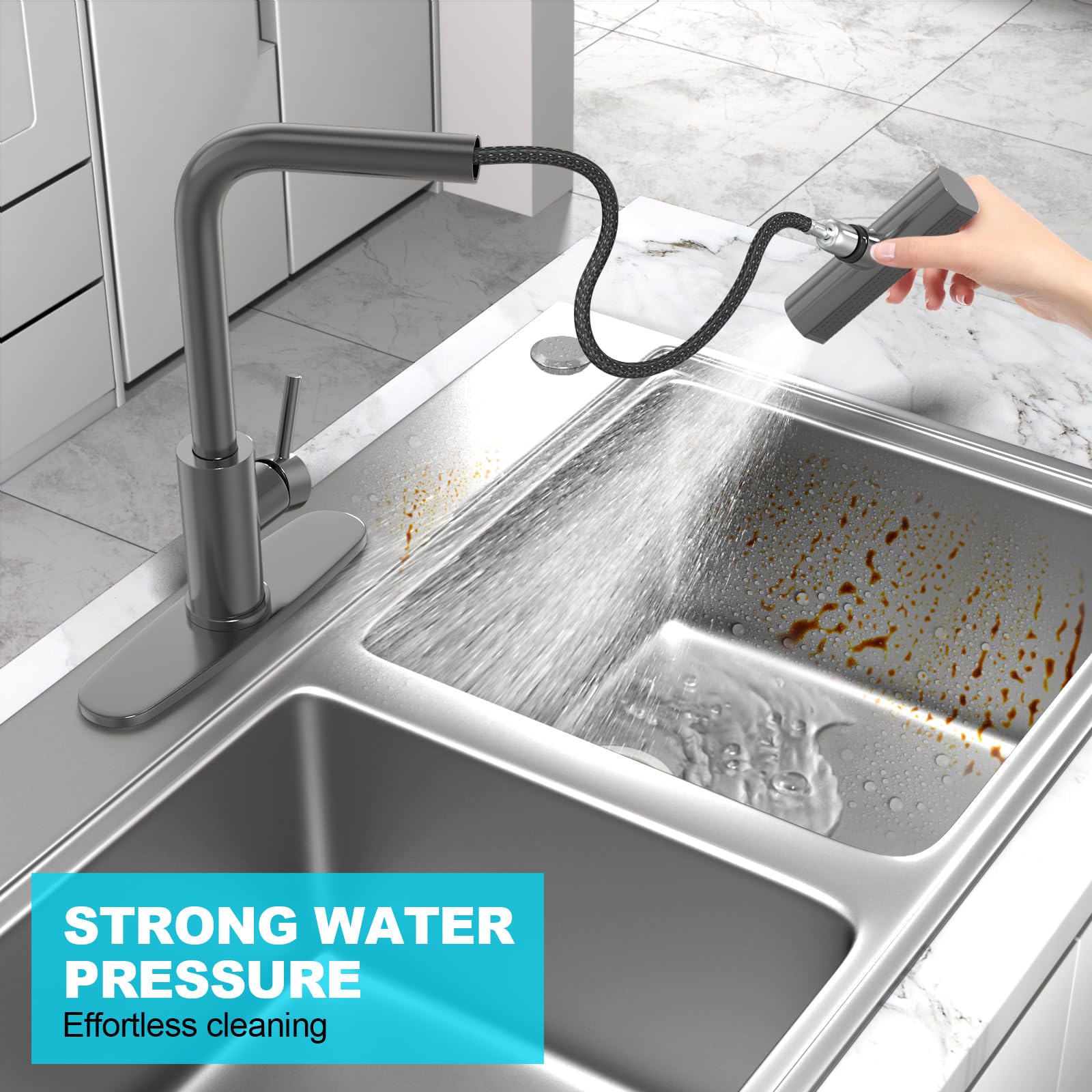 Brushed Nickel Kitchen Faucets with Pull Down Sprayer & Soap Dispenser, Single Hole & Handle, Pull Out Tap, Waterfall Stainless Steel Sink Faucet for Farmhouse Camper Laundry Rv Bar