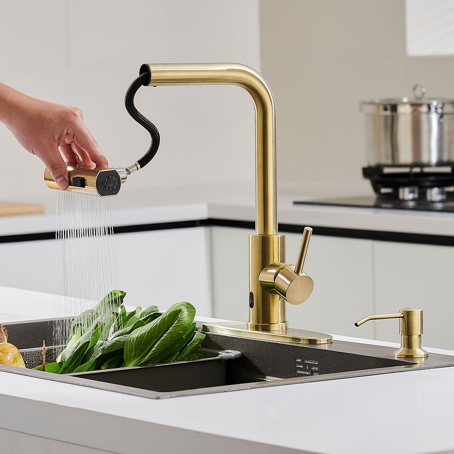 Brushed Nickel Kitchen Faucets with Pull Down Sprayer & Soap Dispenser, Single Hole & Handle, Pull Out Tap, Waterfall Stainless Steel Sink Faucet for Farmhouse Camper Laundry Rv Bar