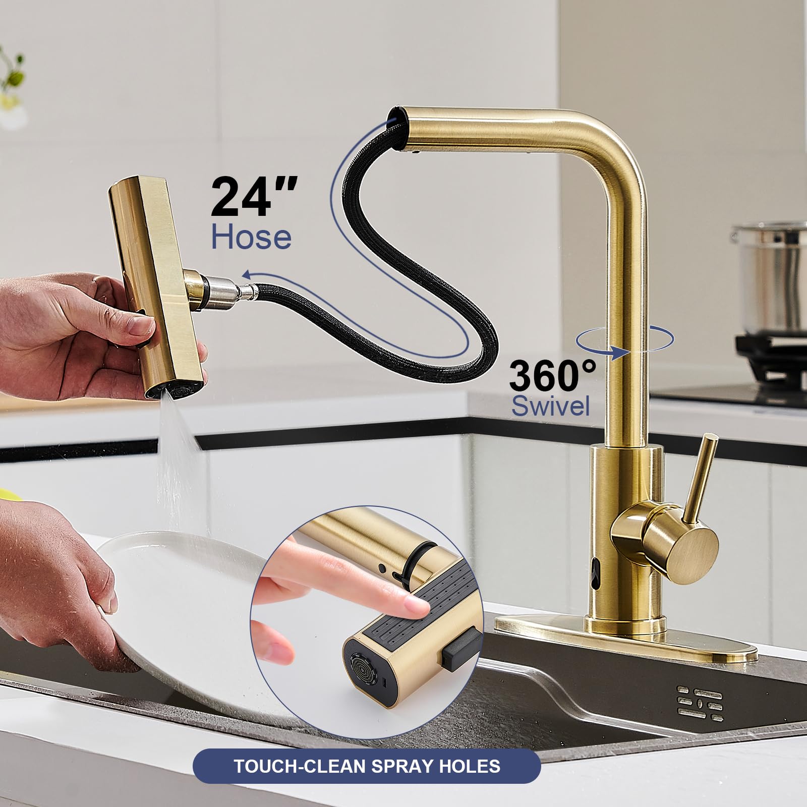 Brushed Nickel Kitchen Faucets with Pull Down Sprayer & Soap Dispenser, Single Hole & Handle, Pull Out Tap, Waterfall Stainless Steel Sink Faucet for Farmhouse Camper Laundry Rv Bar