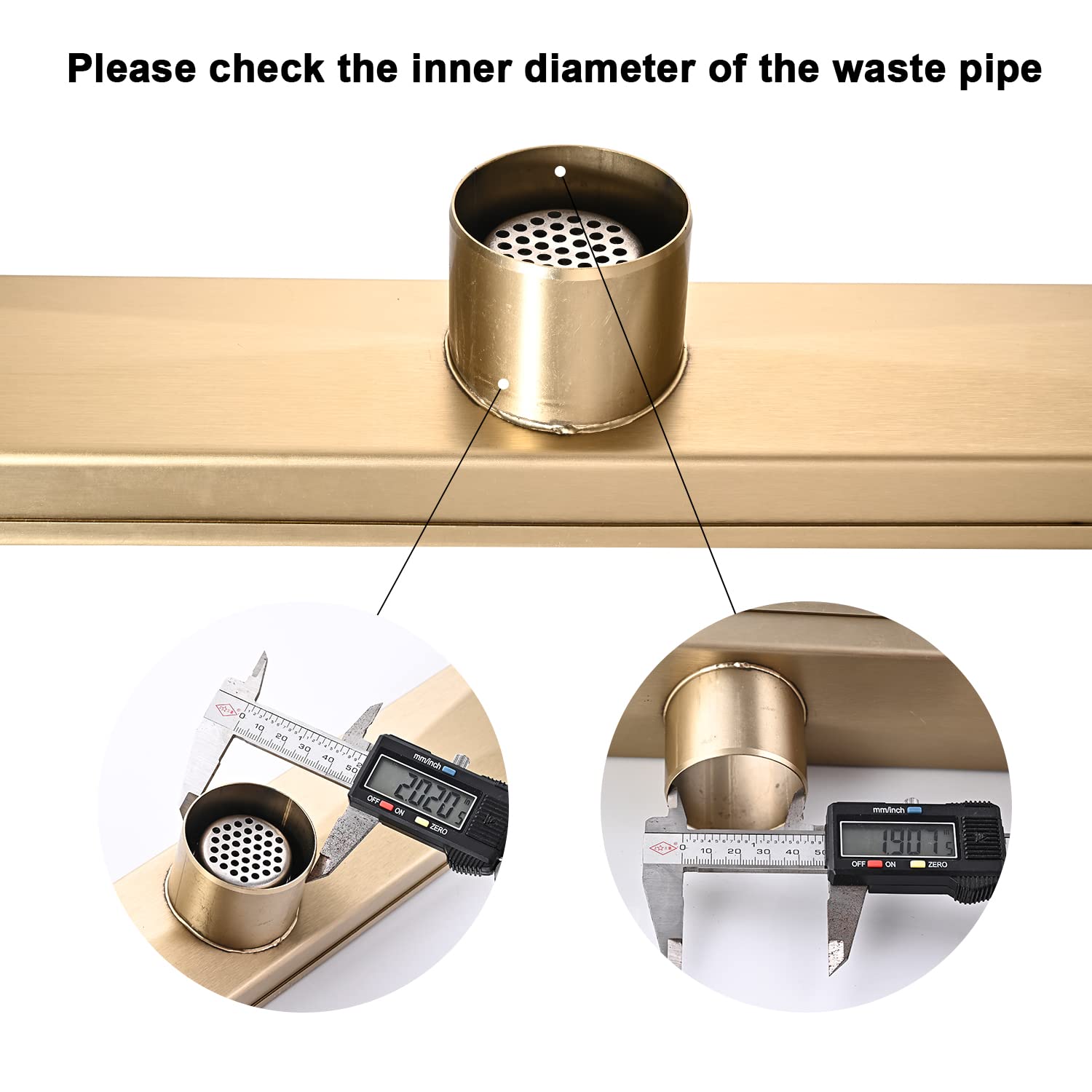 Linear Shower Floor Drain, Brushed Gold 24 Inch 304 Stainless Steel Bathroom Drains Kit, Rectangular Shower Trench Drain with Reversable Tile-in Pattern Drain Cover & Hair Catcher