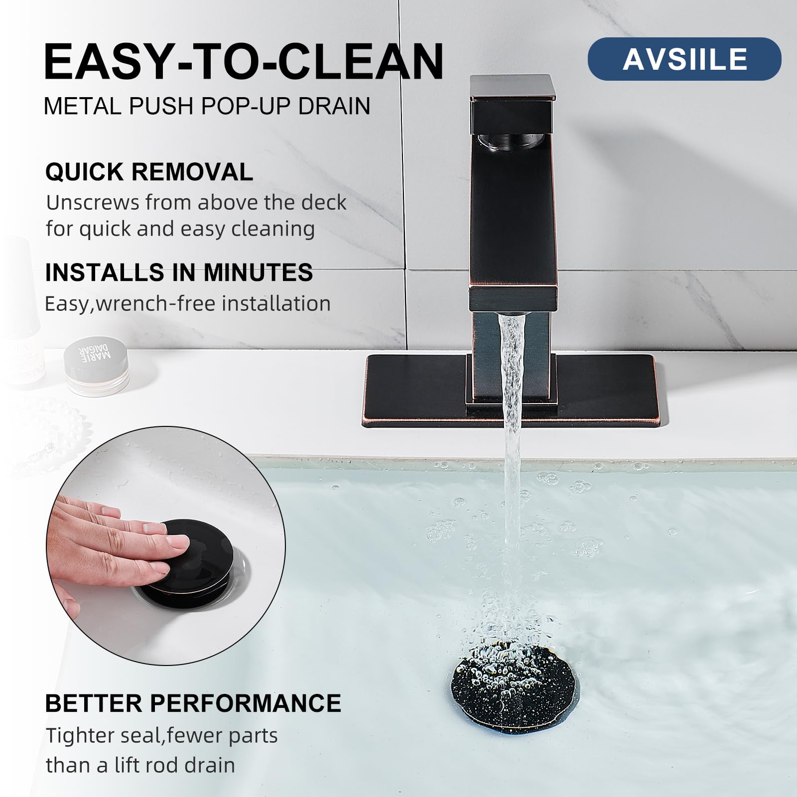 Matte Black Bathroom Faucet, Single Hole Vanity Bath Faucet, Single Handle Modern Stainless Steel Bathroom Faucets for Sink 1 Hole with Pop Up Drain Stopper & Water Supply Hoses