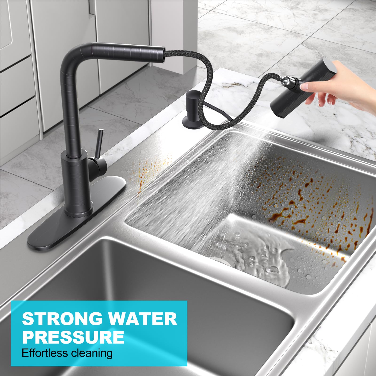 Brushed Nickel Kitchen Faucets with Pull Down Sprayer & Soap Dispenser, Single Hole & Handle, Pull Out Tap, Waterfall Stainless Steel Sink Faucet for Farmhouse Camper Laundry Rv Bar