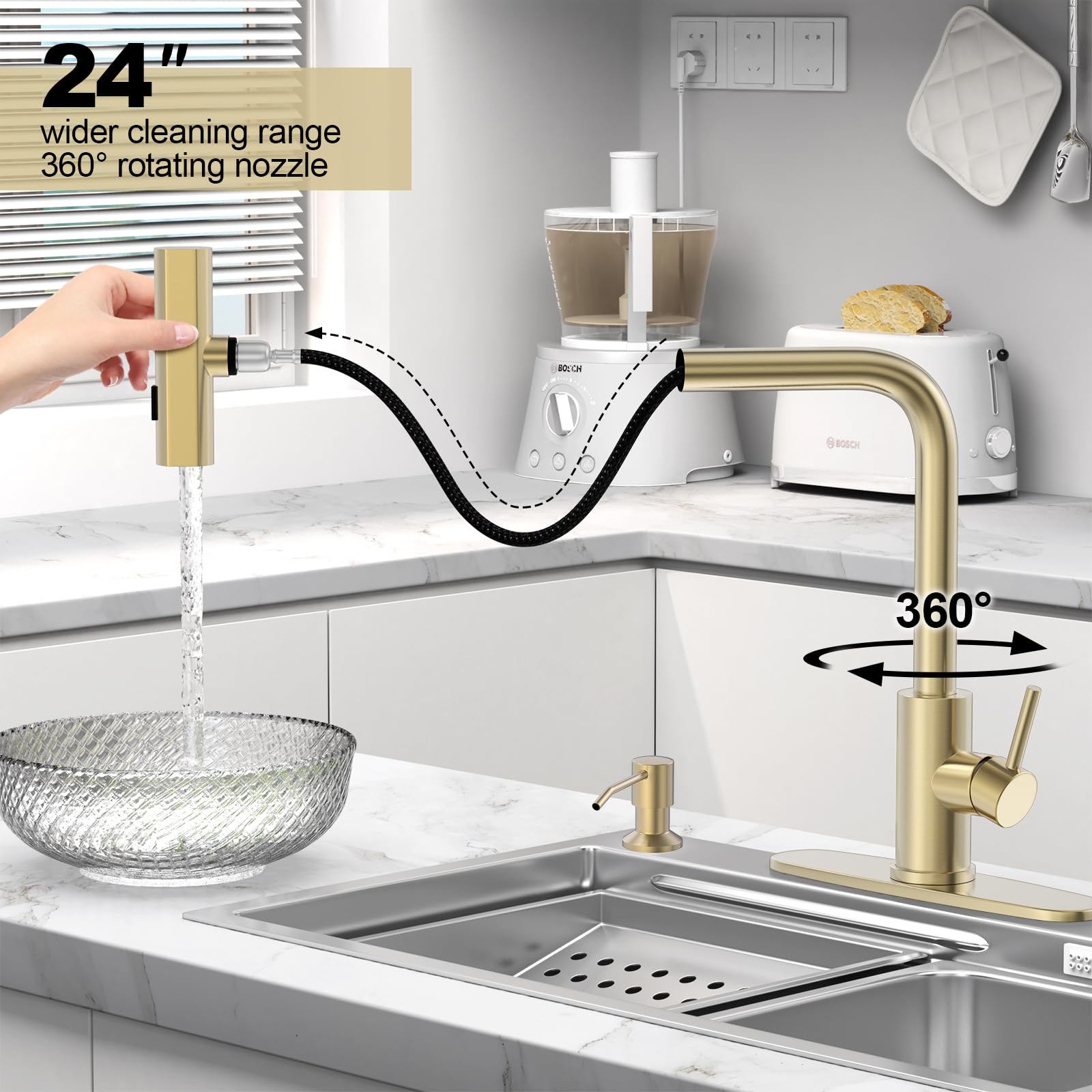 Brushed Nickel Kitchen Faucets with Pull Down Sprayer & Soap Dispenser, Single Hole & Handle, Pull Out Tap, Waterfall Stainless Steel Sink Faucet for Farmhouse Camper Laundry Rv Bar