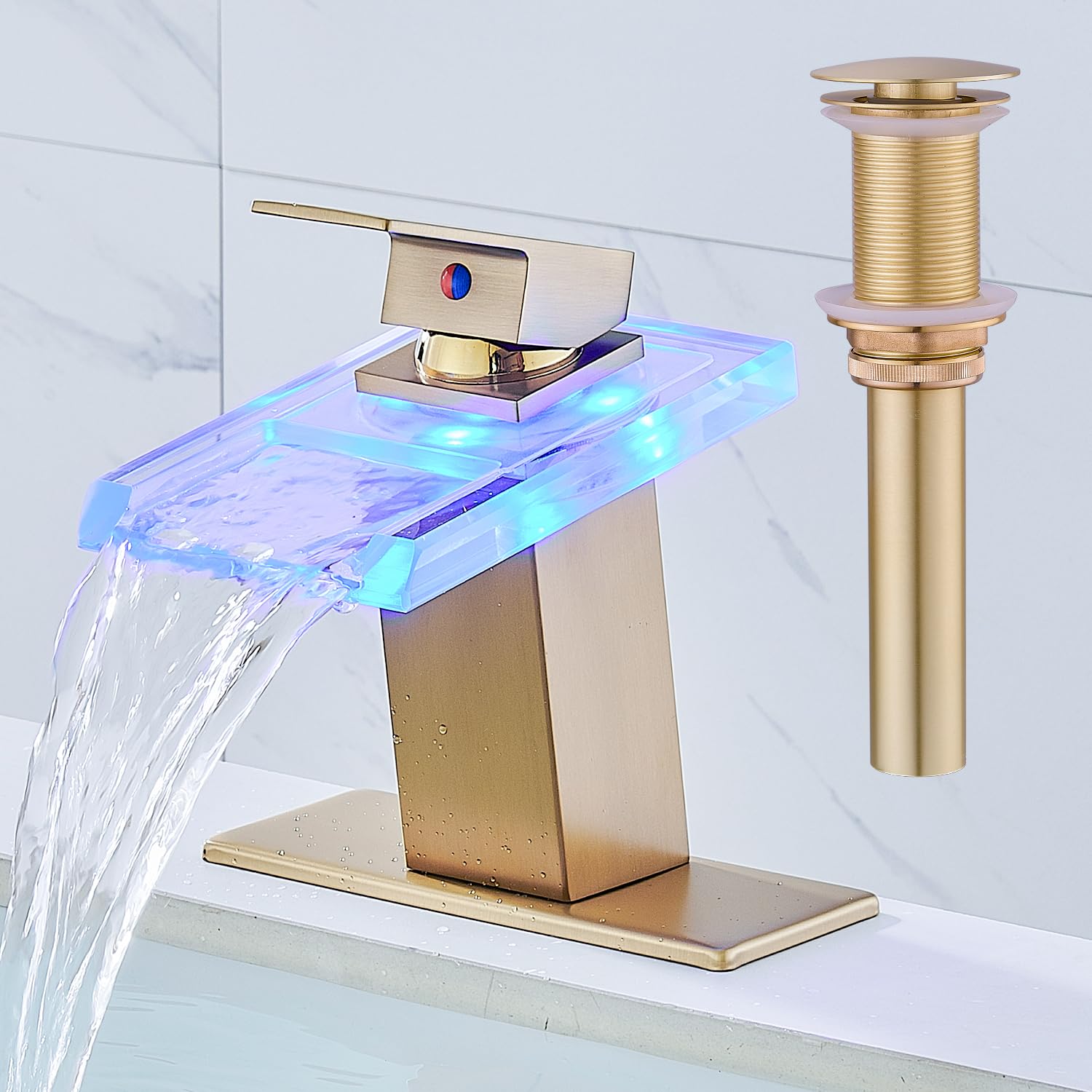 LED Bathroom Sink Faucet, Brushed Gold Waterfall Single Hole Handle Vanity Faucets for Sinks 1 Hole with Metal Pop Up Drain and 2 Water Supply Lines, Open Glass Spout