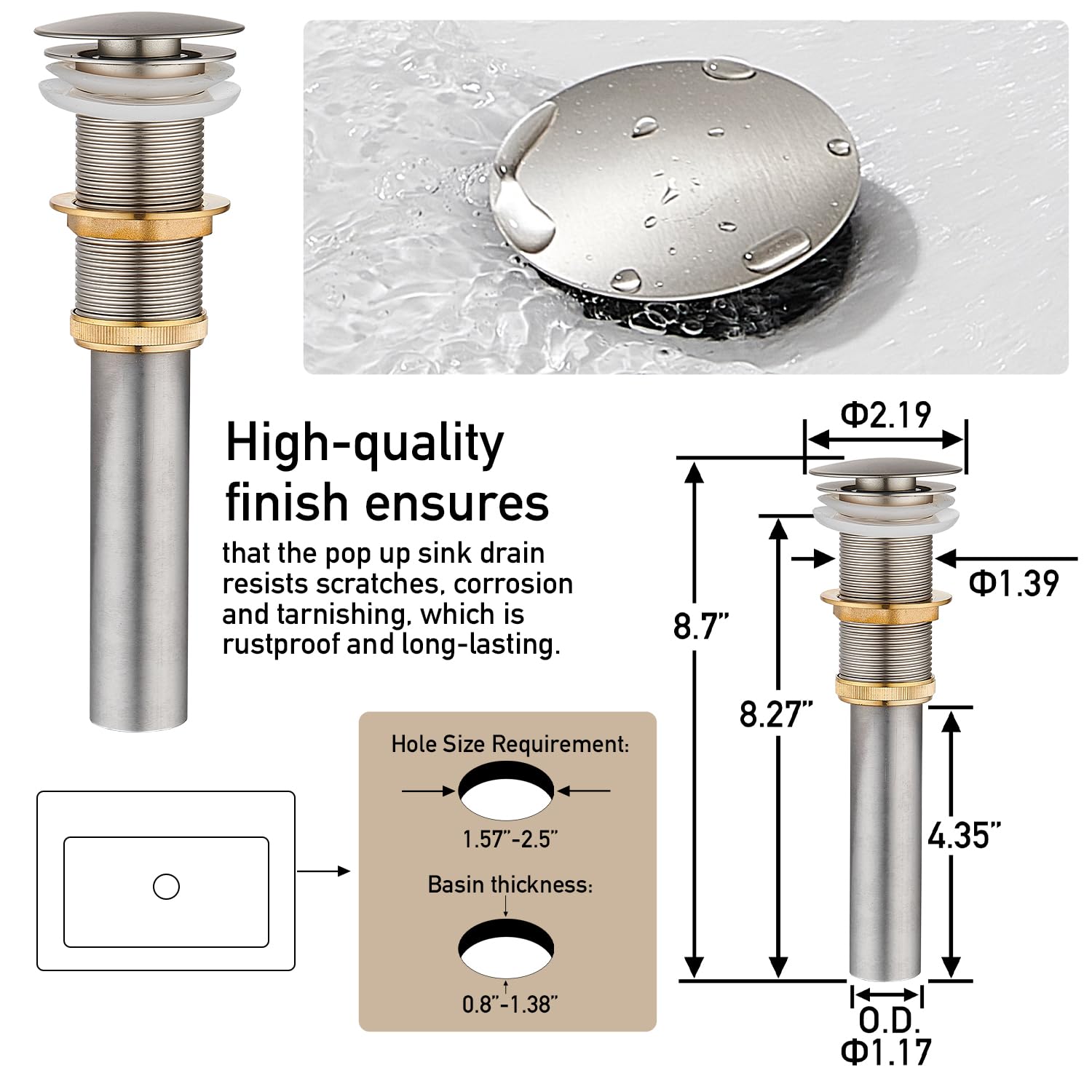 Matte Black Bathroom Faucet, Single Hole Vanity Bath Faucet, Single Handle Modern Stainless Steel Bathroom Faucets for Sink 1 Hole with Pop Up Drain Stopper & Water Supply Hoses