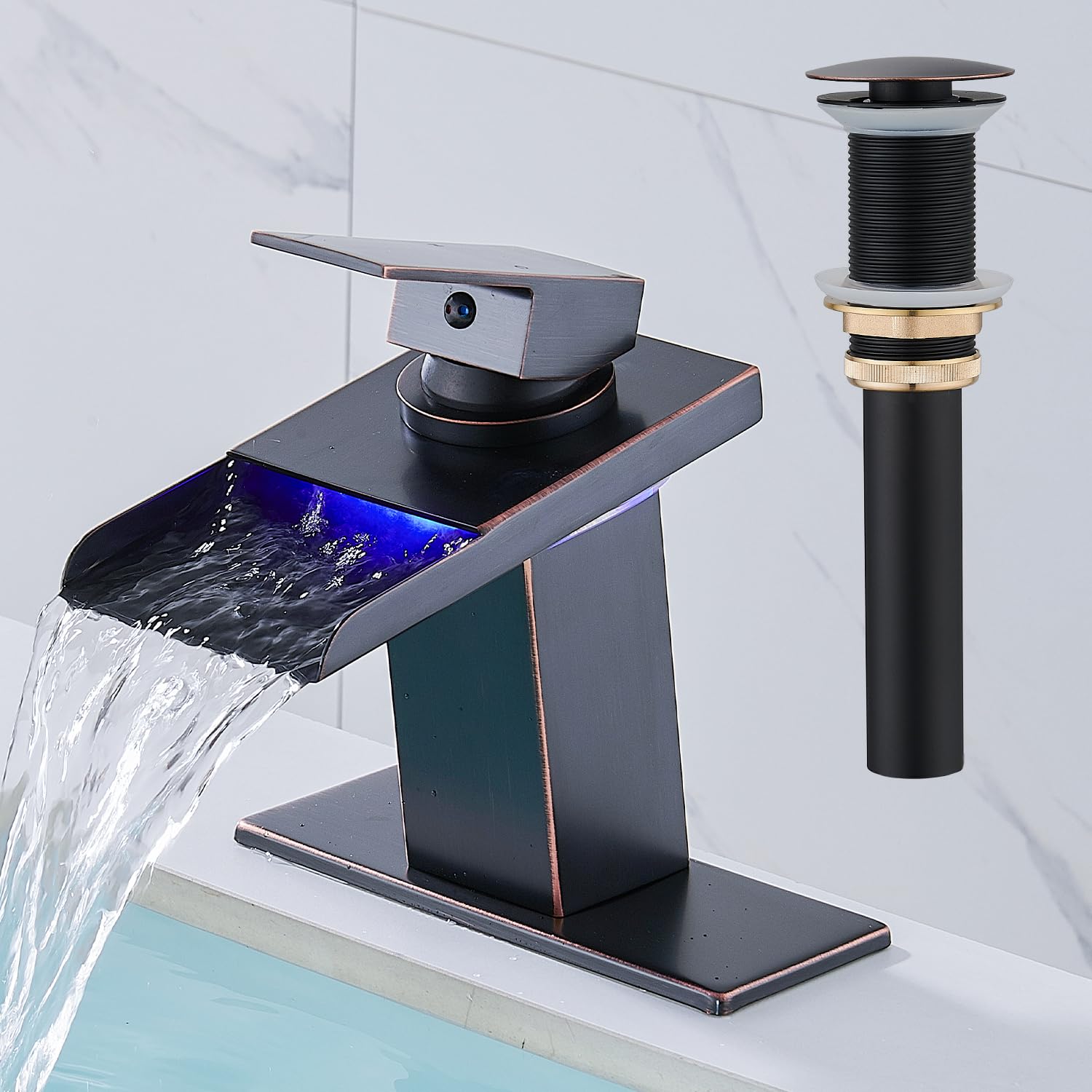LED Bathroom Sink Faucet, Brushed Gold Waterfall Single Hole Handle Vanity Faucets for Sinks 1 Hole with Metal Pop Up Drain and 2 Water Supply Lines, Open Glass Spout