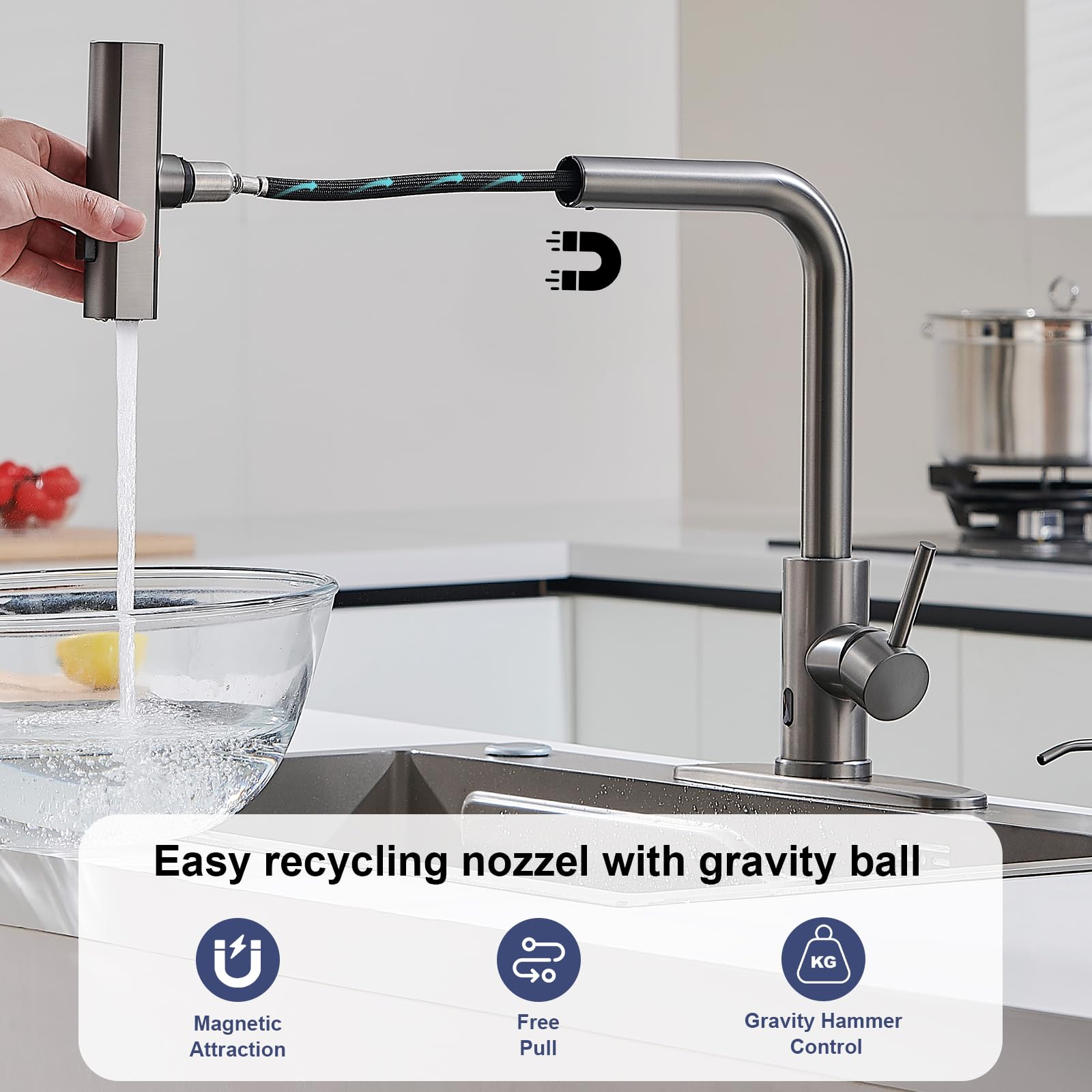 Brushed Nickel Kitchen Faucets with Pull Down Sprayer & Soap Dispenser, Single Hole & Handle, Pull Out Tap, Waterfall Stainless Steel Sink Faucet for Farmhouse Camper Laundry Rv Bar