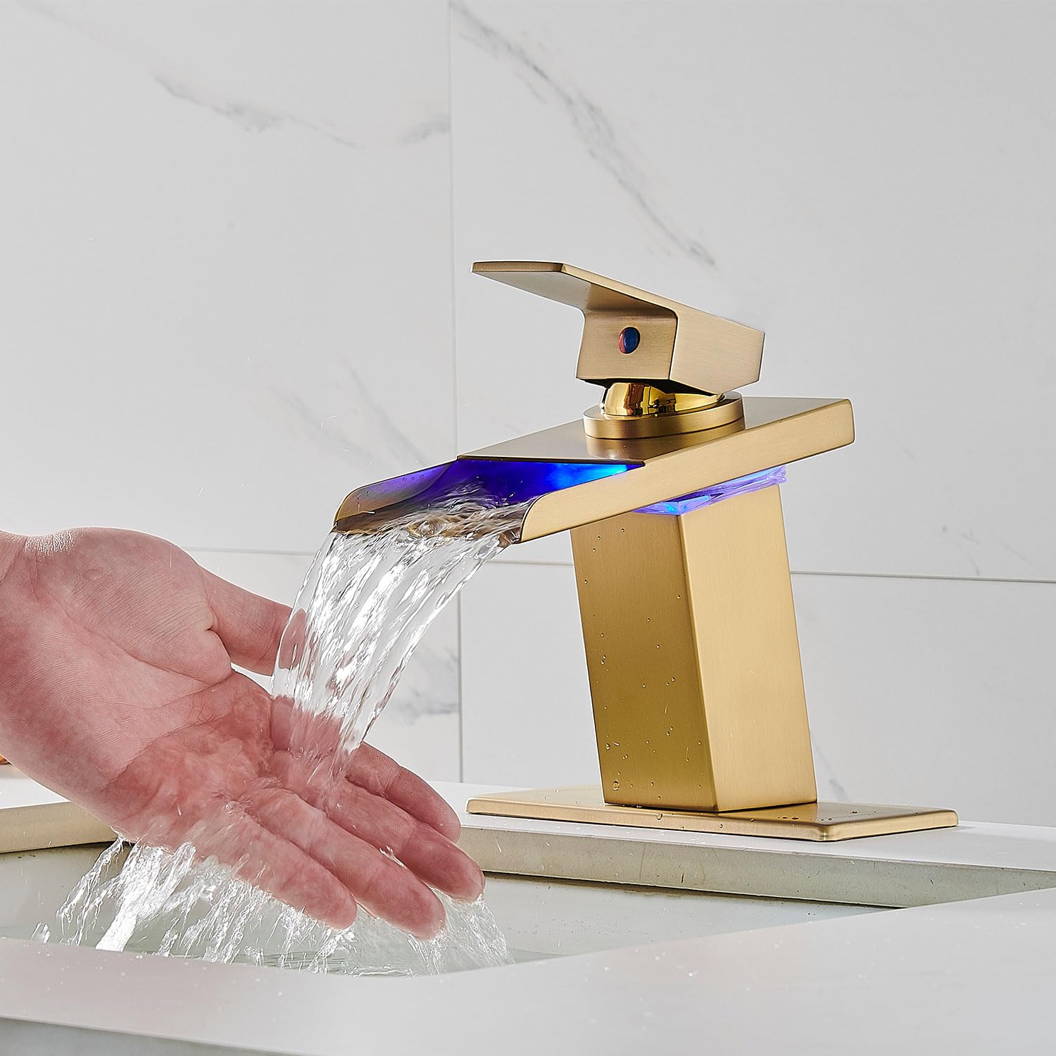 LED Bathroom Sink Faucet, Brushed Gold Waterfall Single Hole Handle Vanity Faucets for Sinks 1 Hole with Metal Pop Up Drain and 2 Water Supply Lines, Open Glass Spout