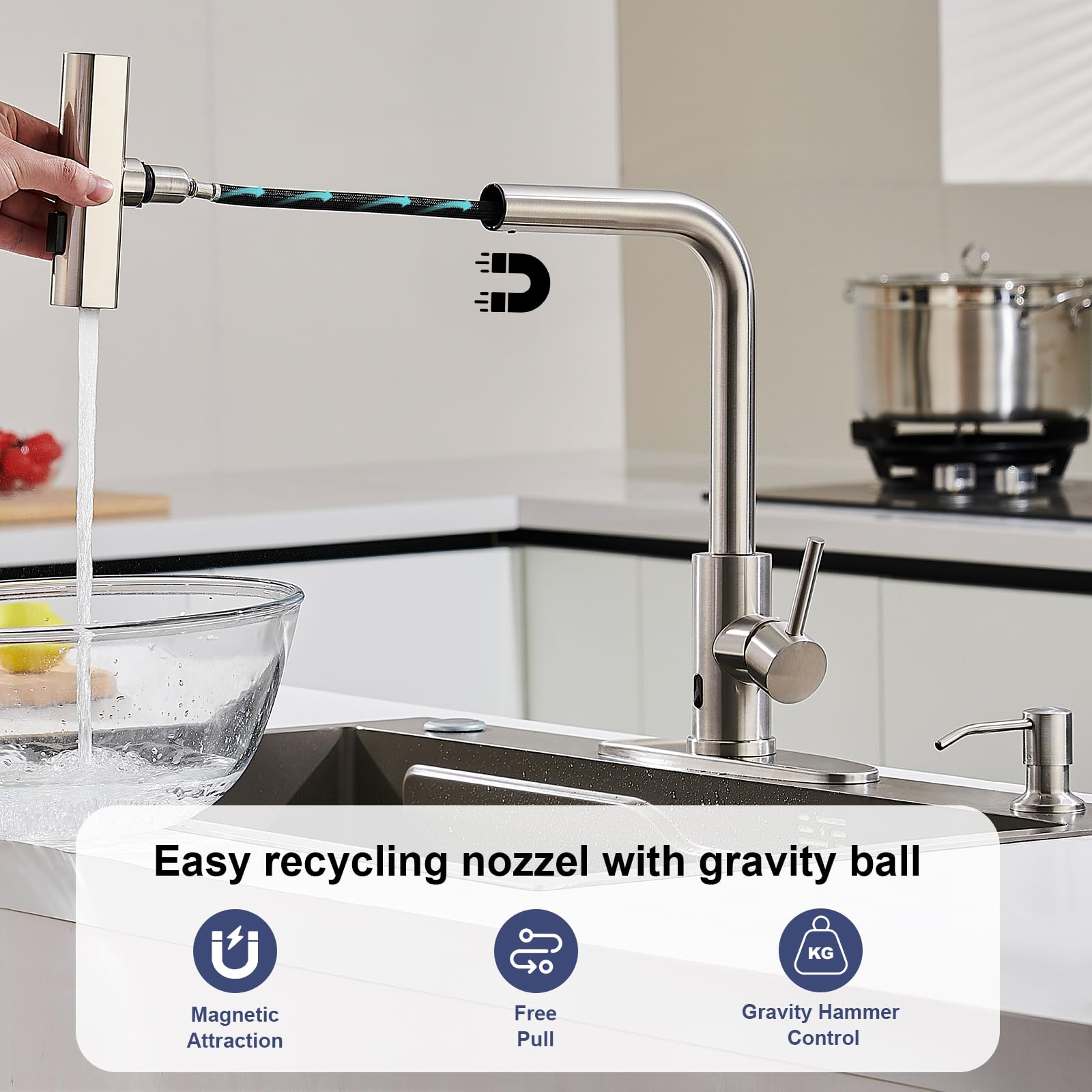 Brushed Nickel Kitchen Faucets with Pull Down Sprayer & Soap Dispenser, Single Hole & Handle, Pull Out Tap, Waterfall Stainless Steel Sink Faucet for Farmhouse Camper Laundry Rv Bar