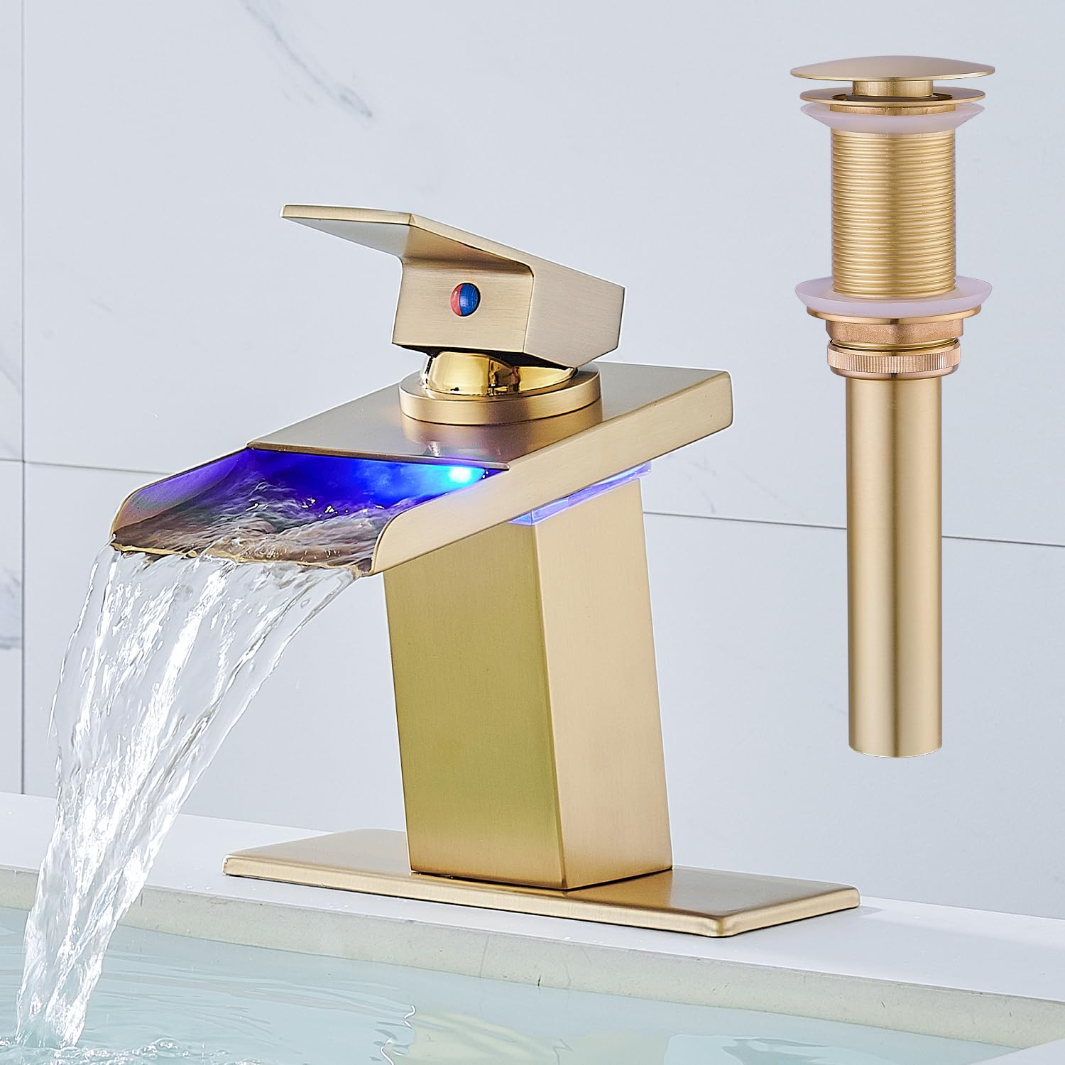 LED Bathroom Sink Faucet, Brushed Gold Waterfall Single Hole Handle Vanity Faucets for Sinks 1 Hole with Metal Pop Up Drain and 2 Water Supply Lines, Open Glass Spout