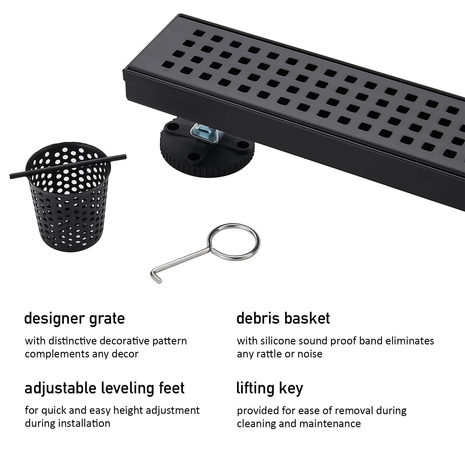 Linear Shower Floor Drain, Brushed Gold 12 Inch 304 Stainless Steel Bathroom Drains Kit, Long Rectangular Shower Trench Drain with Square Pattern Drain Cover & Hair Catcher