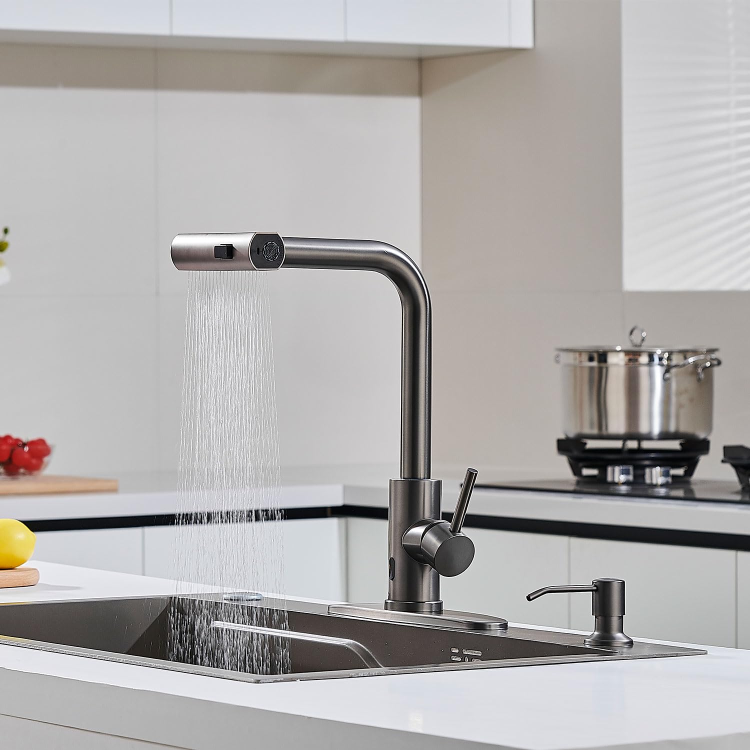 Brushed Nickel Kitchen Faucets with Pull Down Sprayer & Soap Dispenser, Single Hole & Handle, Pull Out Tap, Waterfall Stainless Steel Sink Faucet for Farmhouse Camper Laundry Rv Bar