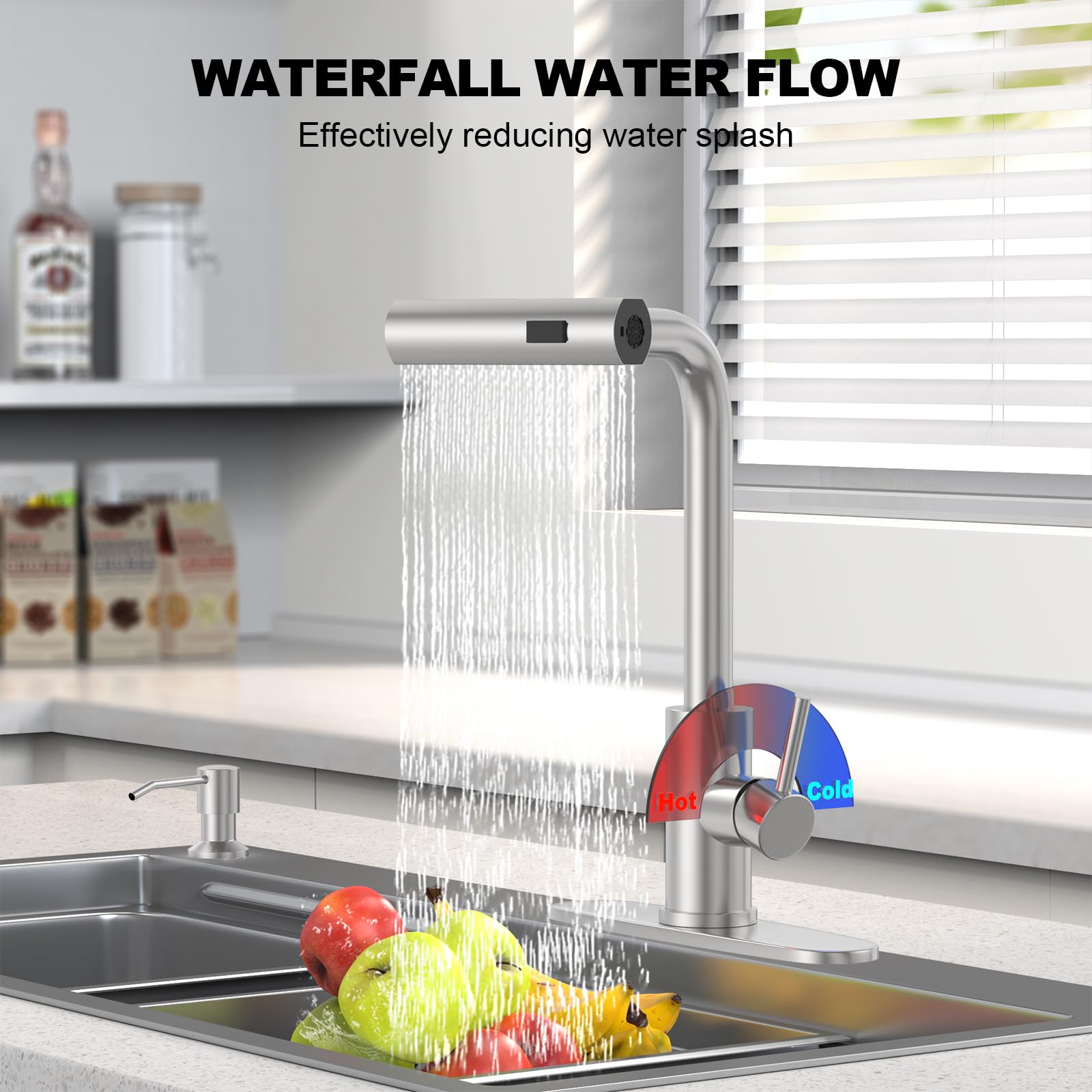 Brushed Nickel Kitchen Faucets with Pull Down Sprayer & Soap Dispenser, Single Hole & Handle, Pull Out Tap, Waterfall Stainless Steel Sink Faucet for Farmhouse Camper Laundry Rv Bar
