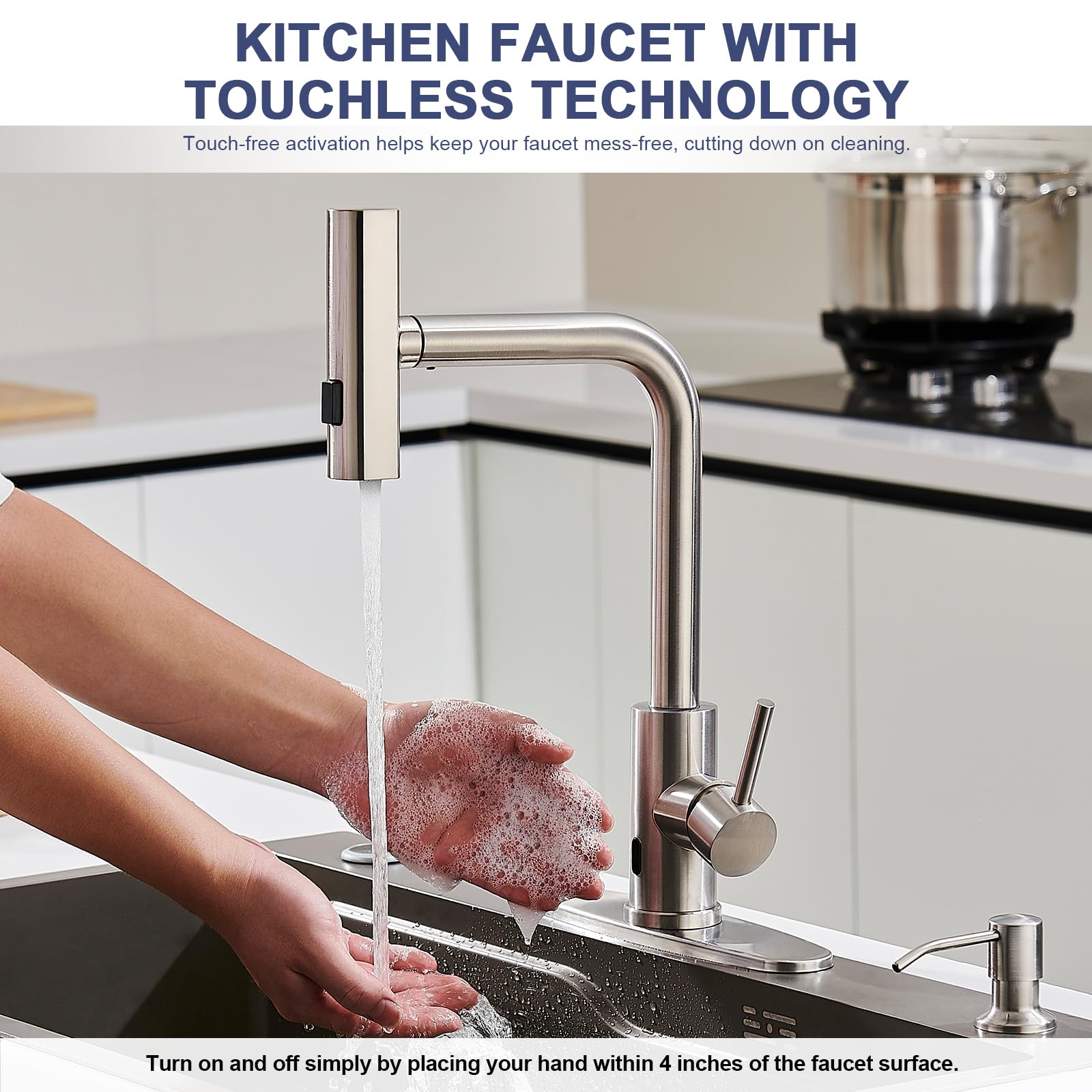 Brushed Nickel Kitchen Faucets with Pull Down Sprayer & Soap Dispenser, Single Hole & Handle, Pull Out Tap, Waterfall Stainless Steel Sink Faucet for Farmhouse Camper Laundry Rv Bar