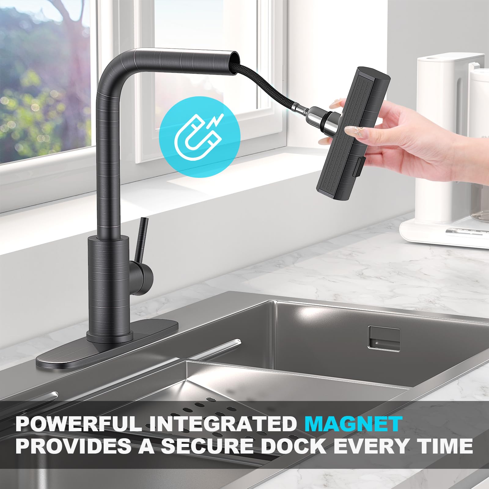 Brushed Nickel Kitchen Faucets with Pull Down Sprayer & Soap Dispenser, Single Hole & Handle, Pull Out Tap, Waterfall Stainless Steel Sink Faucet for Farmhouse Camper Laundry Rv Bar