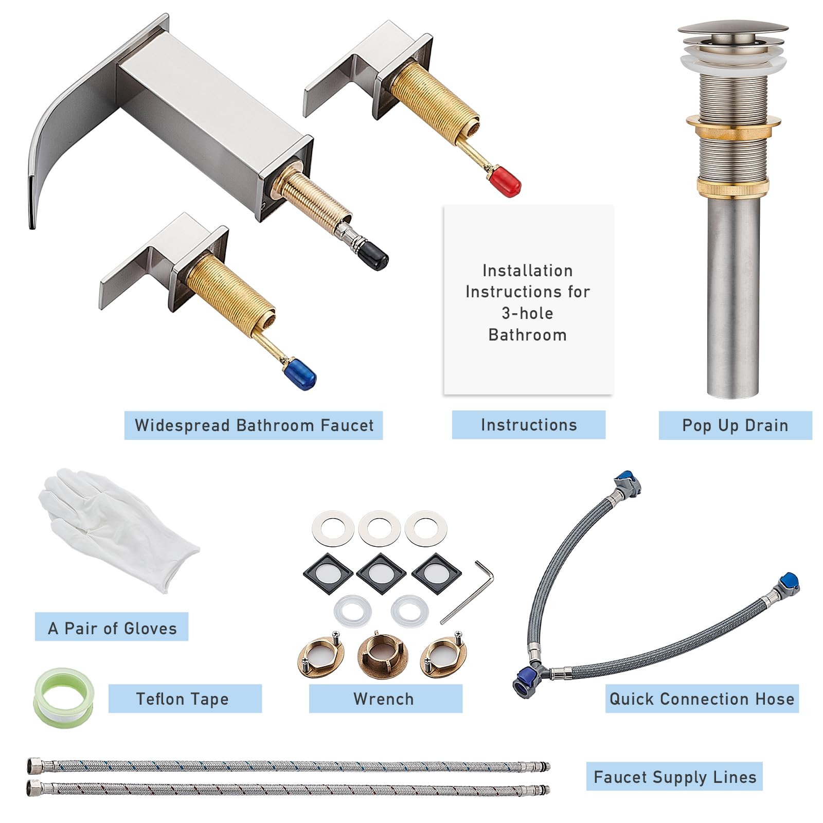 Matte Black Waterfall Bathroom Faucet 3 Hole, 8 Inch Widespread Modern 3 Piece Bathroom Sink Faucet, Touch On Lavatory Faucet for Vanity RV Restroom, Curved Spout