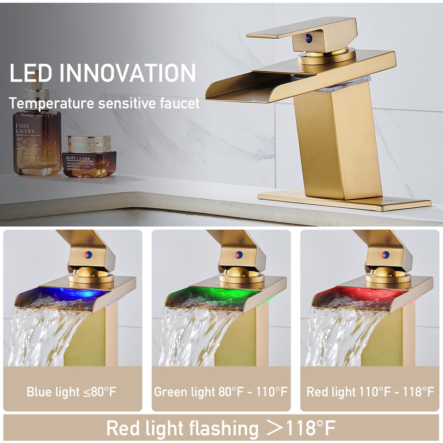 LED Bathroom Sink Faucet, Brushed Gold Waterfall Single Hole Handle Vanity Faucets for Sinks 1 Hole with Metal Pop Up Drain and 2 Water Supply Lines, Open Glass Spout