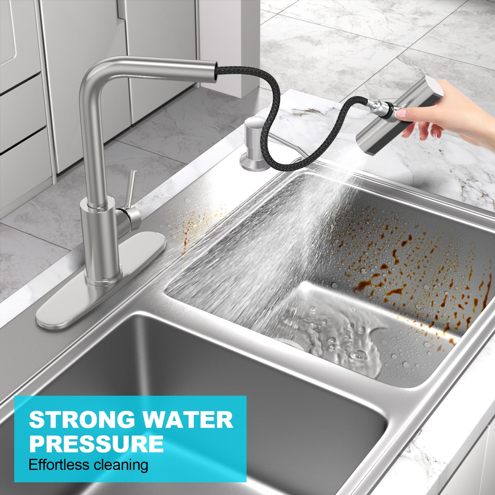 Brushed Nickel Kitchen Faucets with Pull Down Sprayer & Soap Dispenser, Single Hole & Handle, Pull Out Tap, Waterfall Stainless Steel Sink Faucet for Farmhouse Camper Laundry Rv Bar