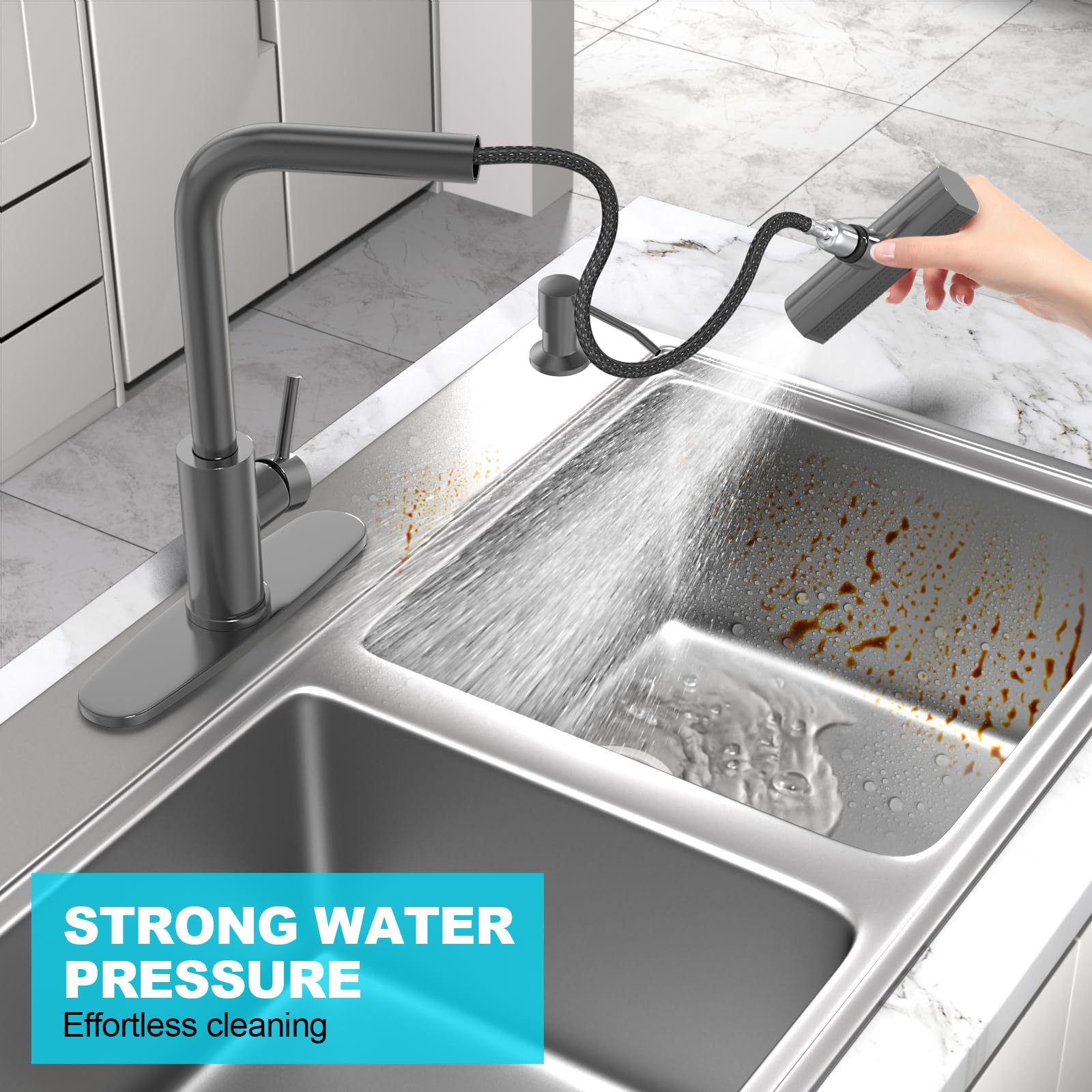 Brushed Nickel Kitchen Faucets with Pull Down Sprayer & Soap Dispenser, Single Hole & Handle, Pull Out Tap, Waterfall Stainless Steel Sink Faucet for Farmhouse Camper Laundry Rv Bar